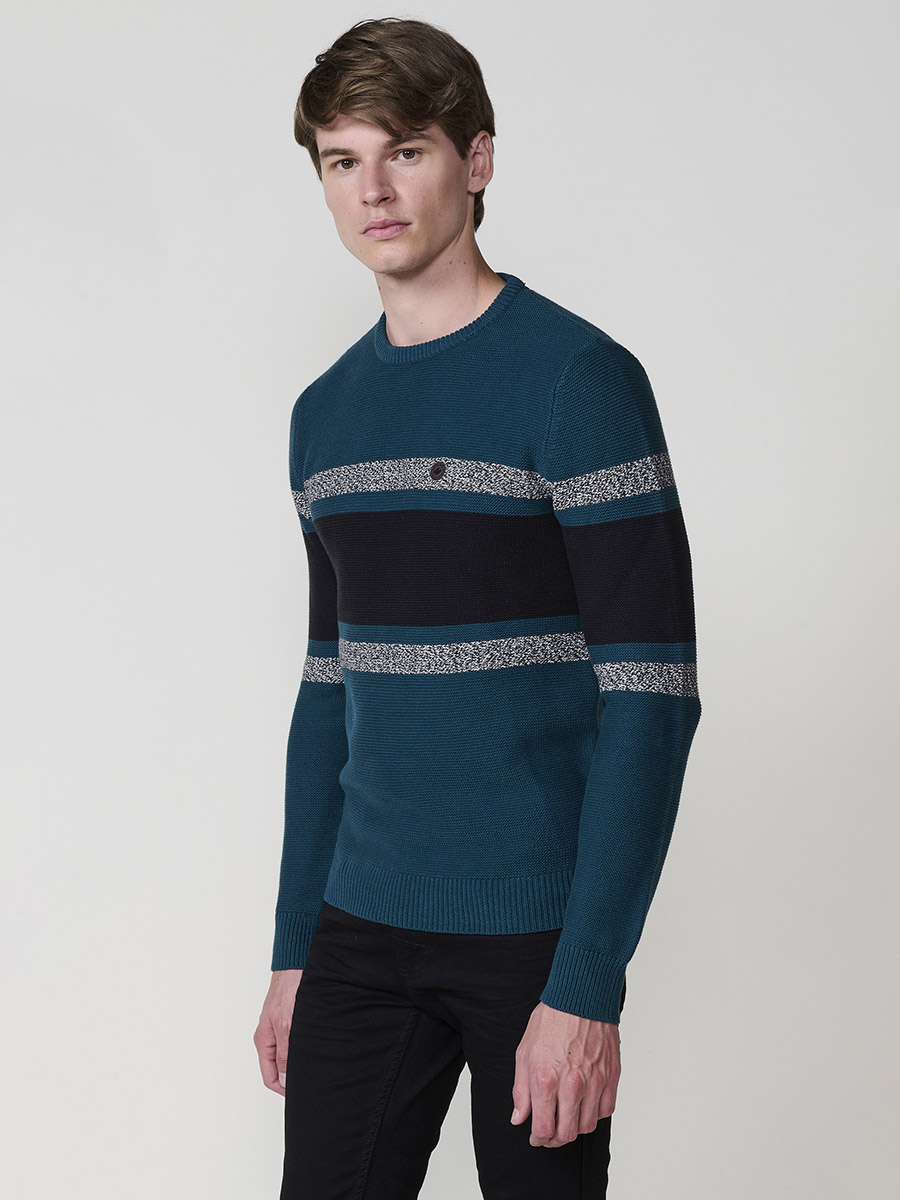 Koroshi - Jersey tricot para hombre con cuello redondo y franjas horizontales en el pecho, 100 % acrílico ligero y suave, estilo casual entretiempo