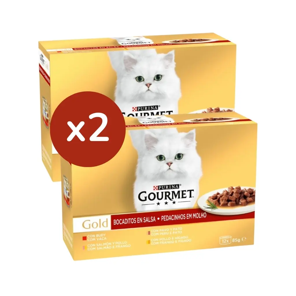 GOURMET - Gold PACK 2 (24x85 gr) - Mousse Pack Surtido (Buey, Pescado del Océano, Hígado y Pavo) (2 Cajas de 12x85 gr)