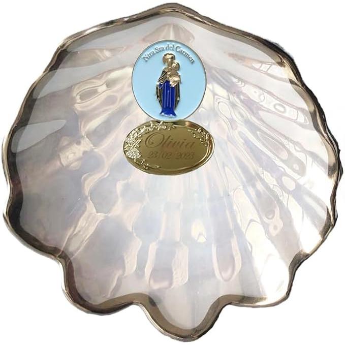 DOCOLASTRA Concha de Bautismo de la Virgen del Carmen en Cristal Nacarado. Opción de Personalización y Pañuelo de Bautizo (CRISTAL FILO Y TRASERA PERSONALIZADA)