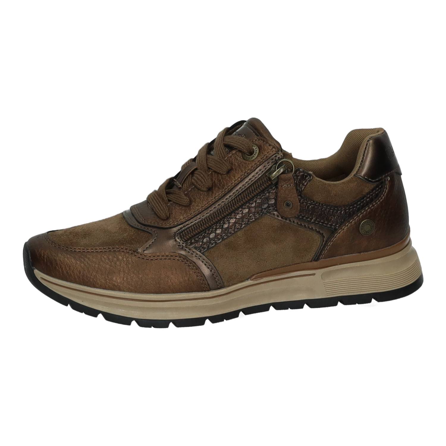 Deportivos marca REFRESH para mujer en color camel. Deportivas Casual Veganas, Zapatillas Efecto Piel y Antelina con Cordones y Cremallera Lateral, Plantilla Extraíble y Suela de Goma
