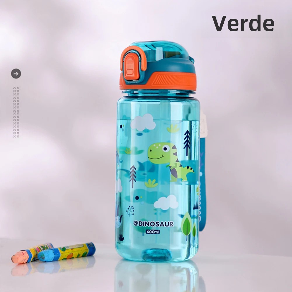OmHO Botella De Agua Para Niños 600ml Con Palanca De Silicona Y Estilo Dinosaurio Resistente Al Desbordamiento Plástico Ecológico Para Verano