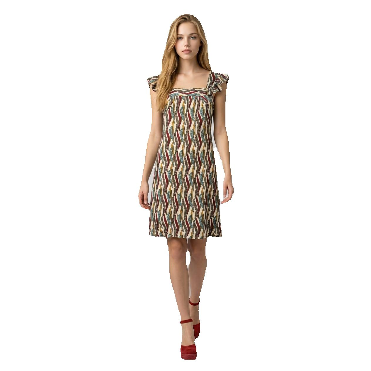 Vestido estampado Marca BanBat de algodón 100% para mujer con escote cuadrado y tirantes con volantes, ideal para verano y ocasiones al aire libre- Ref: D504