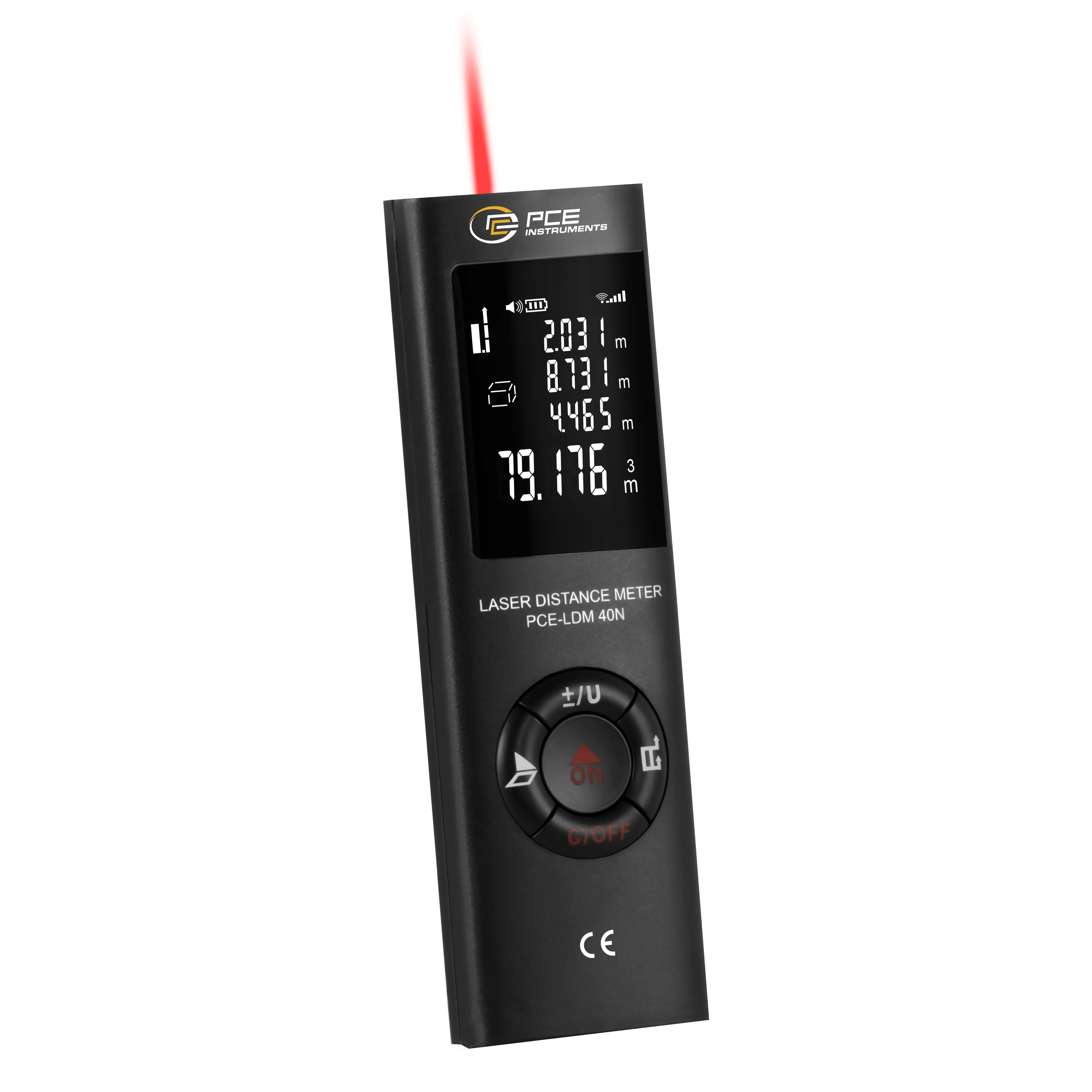 Medidor de distancia con rango hasta 40 m / Función Pitágoras / Suma y resta de distancias / Medición de distancia continua / Cálculo de superficies y volumen / Clase de protección IP54 / PCE Instruments