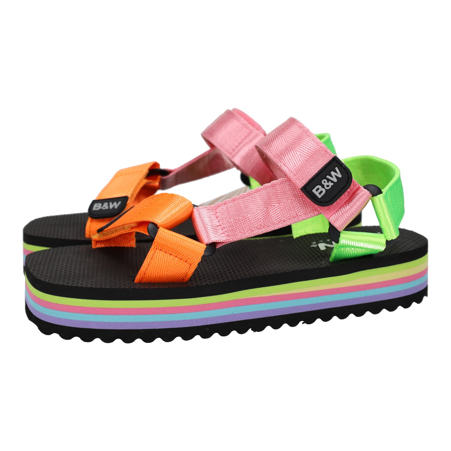Sandalias marca B&W para niña en color multicolor. Sandalias para niñas multicolor, con plataforma y tiras de colores; sandalias de verano multicolor para niñas
