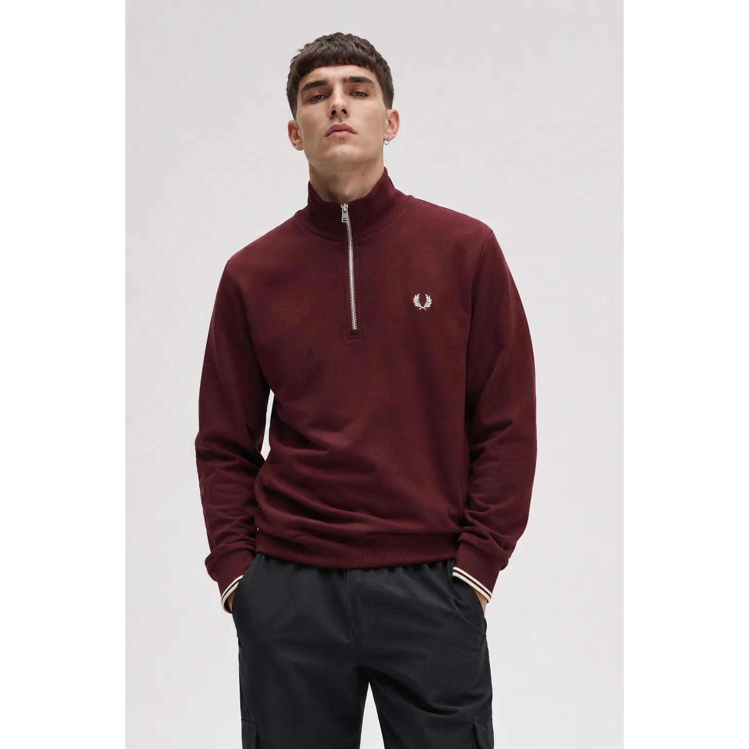 Fred Perry Sudadera Hombre Media Cremallera Burdeos