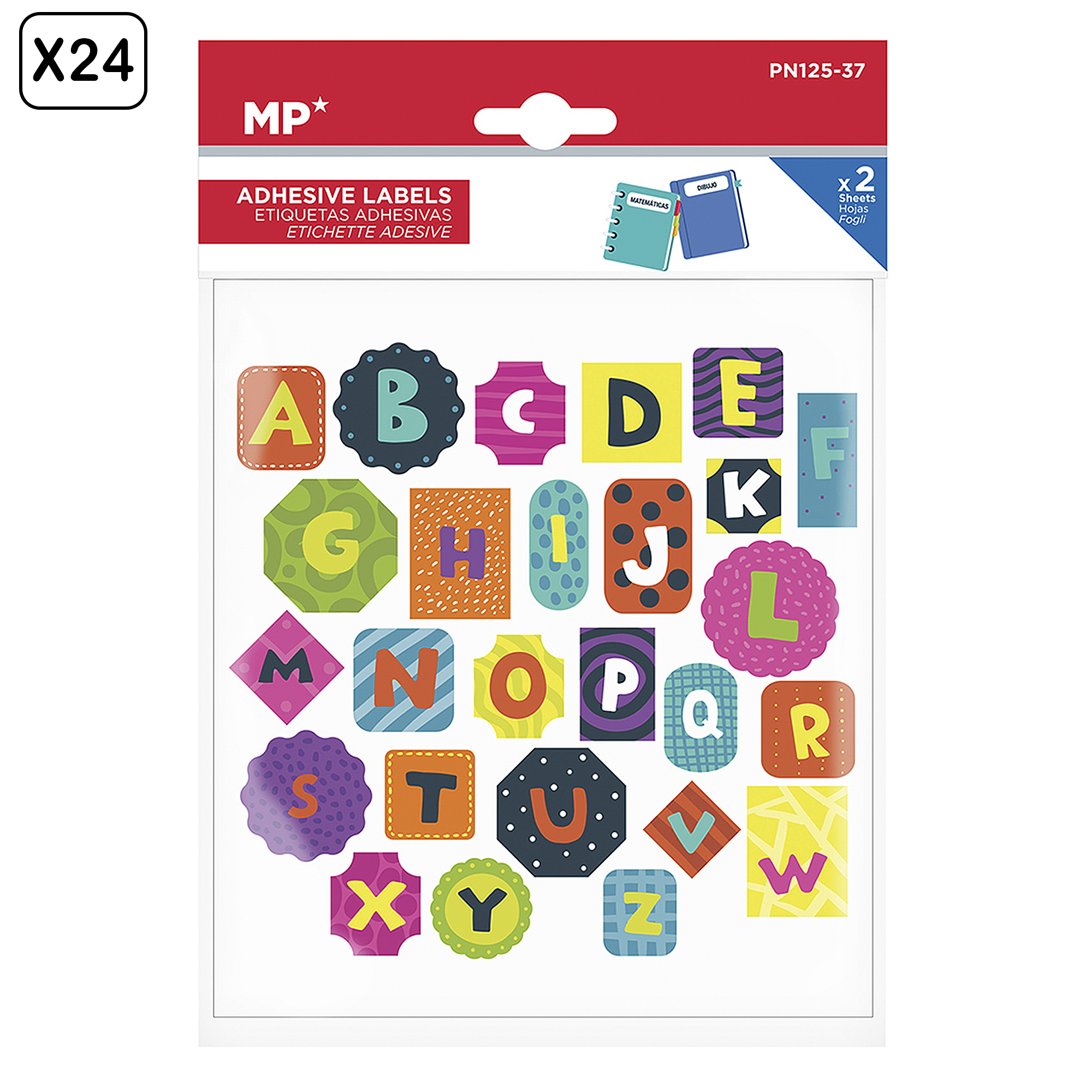 DAM PACK 24 UNIDADES ETIQUETAS ADHESIVAS PERSONALIZABLES DECORADAS DISEÑO ABECEDARIO CON FORMAS Color: Multicolor