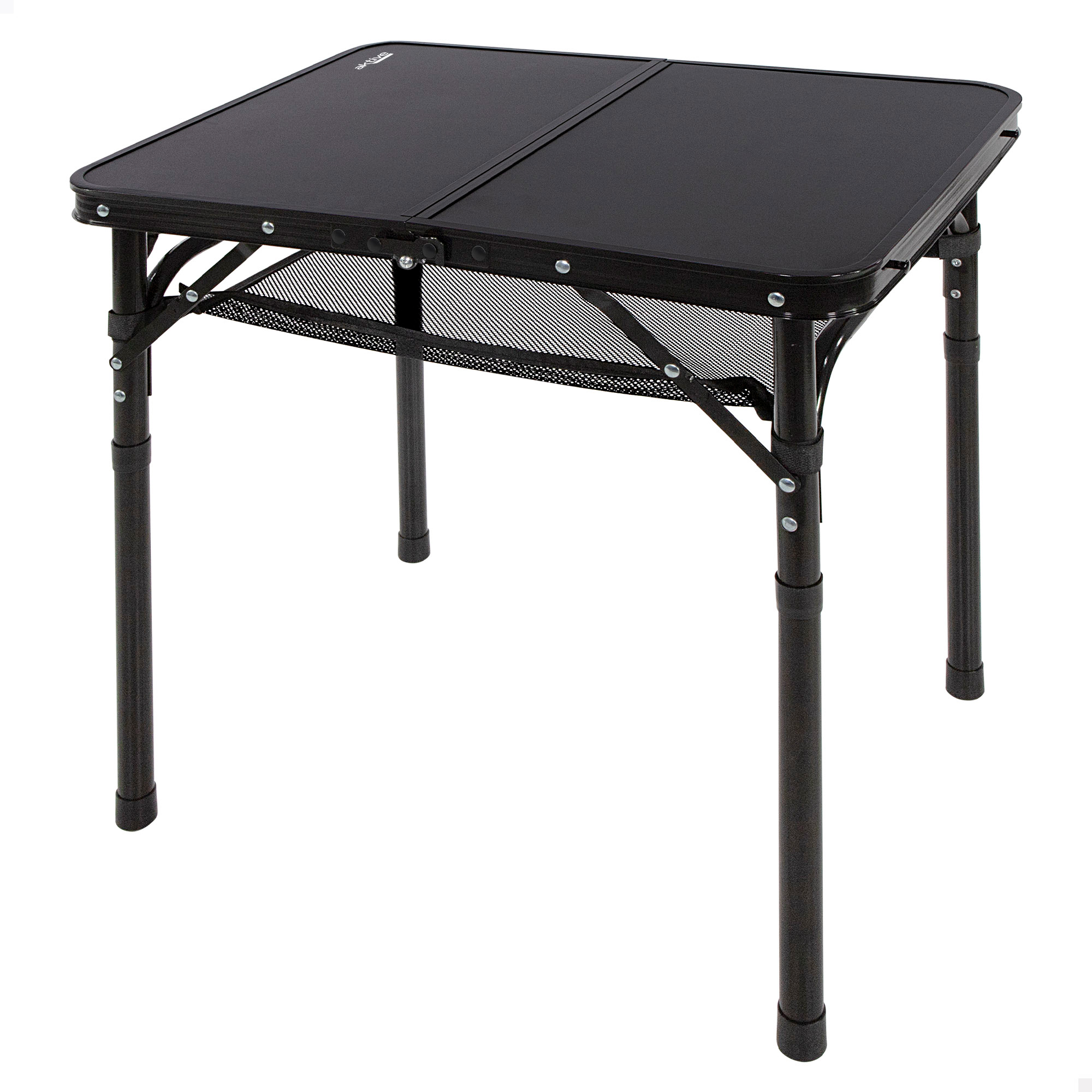 Aktive - Mesa baja exterior, 60x45x27/56 cm, color negro, ajustable en altura, topes antideslizantes, asas de transporte, cierre de seguridad, incluye red auxiliar desmontable, peso soportado 30 kg, mesa plegable, mesas de camping, playa y jardín