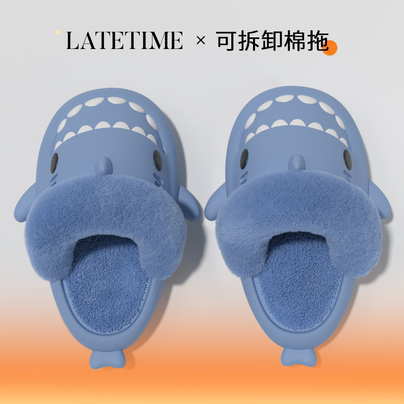 CA Pantuflas de algodón de tiburón extraíbles para hombres, otoño e invierno, hogar, fondo suave, antideslizantes, cálidas y terciopelo, pantuflas de algodón para parejas para mujeres.