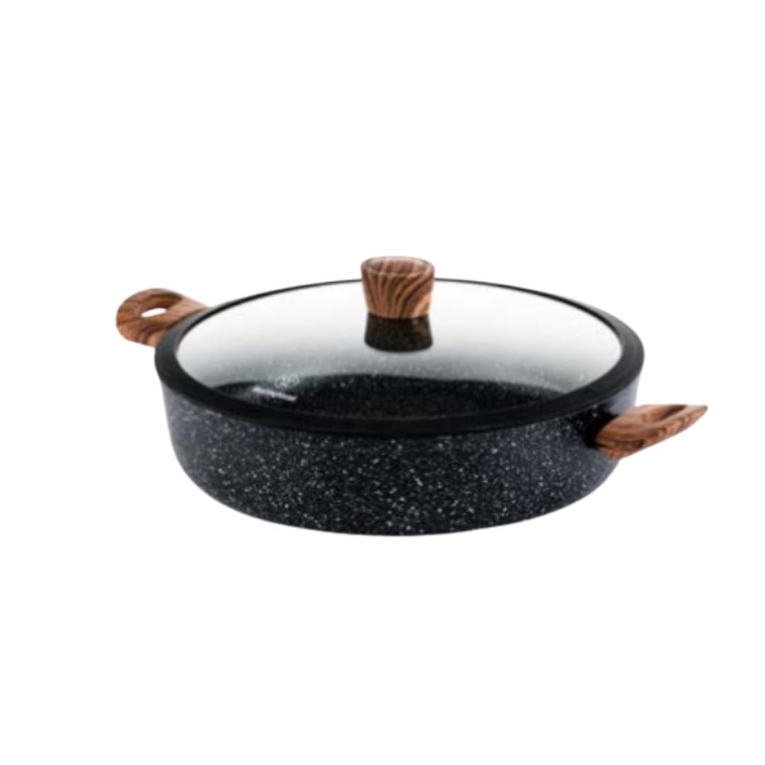 Cacerola Baja con Tapa 28cm Westinghouse WCCC0085L28MBB 3.7L Black Marble Wood Series | Aluminio Forjado | Mármol Negro | Asas Efecto Madera | Apta Inducción | Tapa Vidrio | Sin PFOA