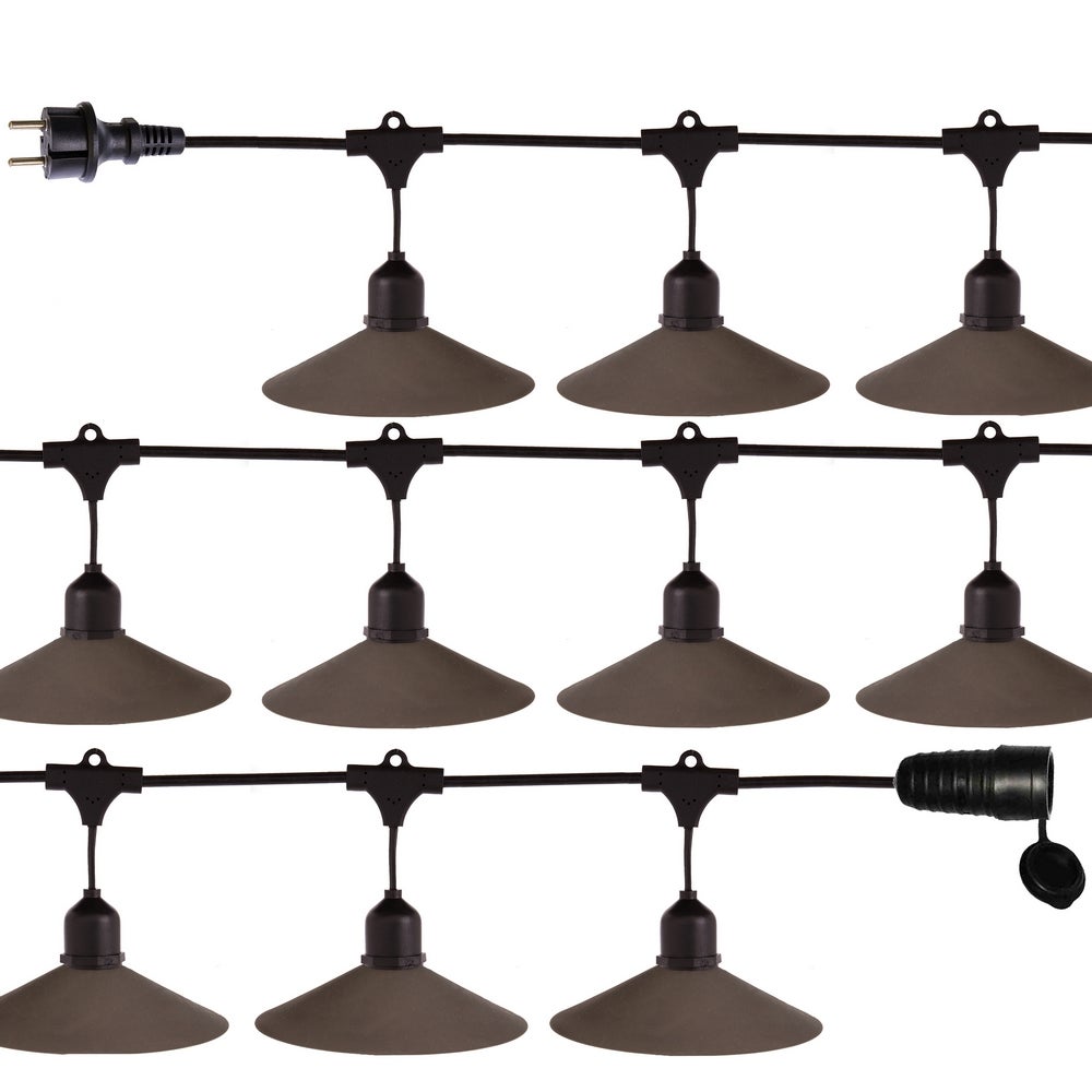 Guirnalda luces industrial exterior 4 Metros IP 44. Con 10 casquillos E 27 con pantallas de metal bronce. Bombillas No incluidas. Ampliable extensible. Modelo Chateau MONTY