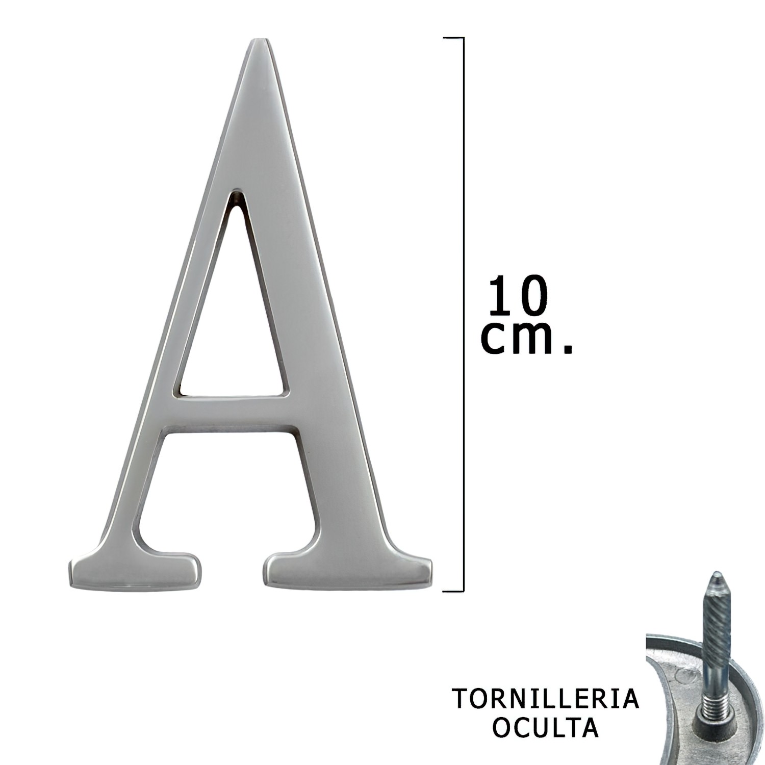 SANCO STORE - WOLFPACK LINEA PROFESIONAL Letra Metal "A" Plateada Mate 10 cm. con Tornilleria Oculta (Blister 1 Pieza)