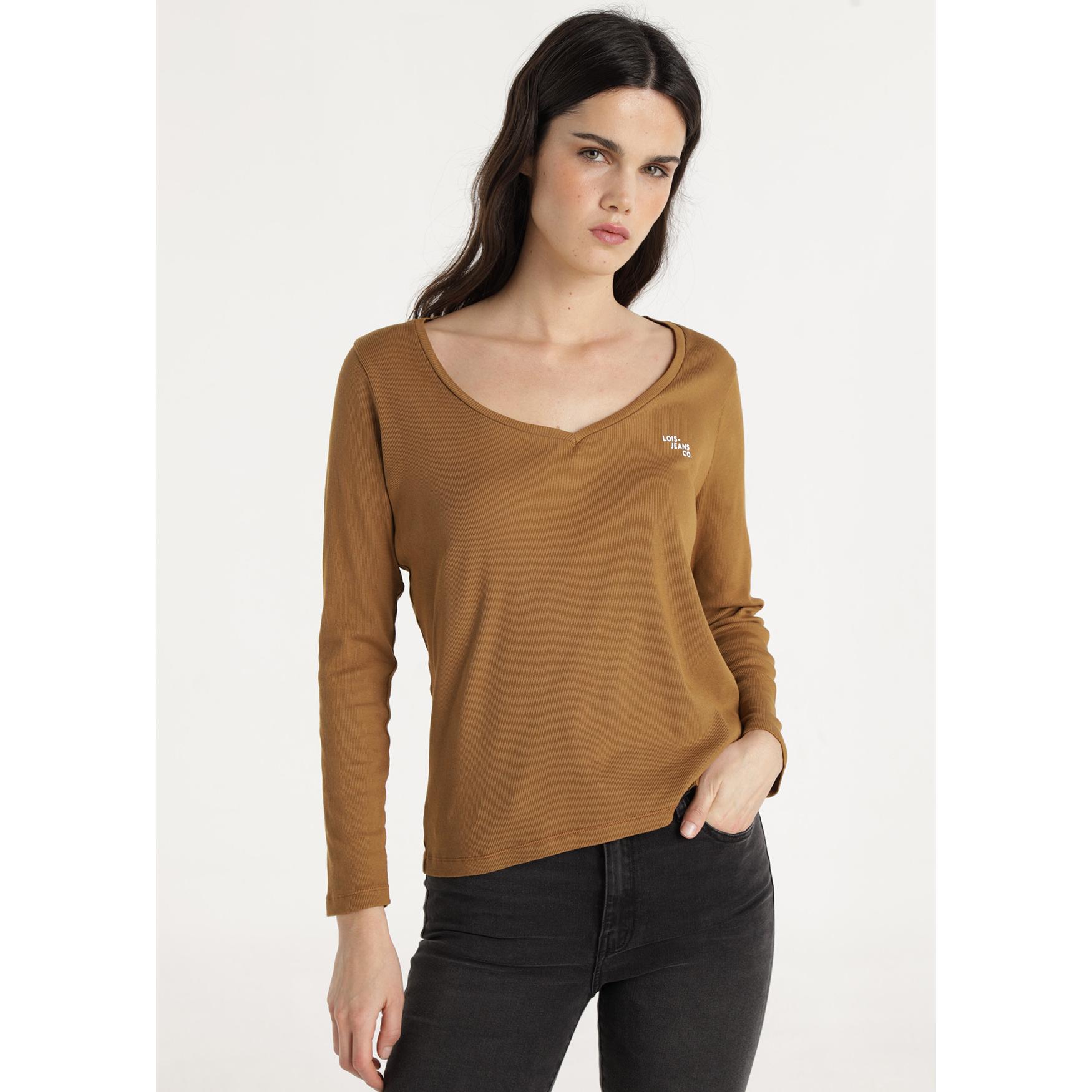 LOIS JEANS - Camiseta manga larga tejido rib cuello pico detalle logo