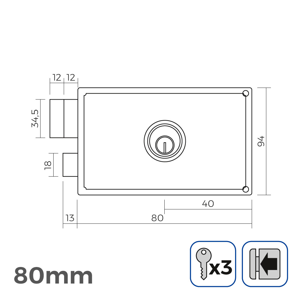 cerradura izquierda 80mm 3 llaves incluidas edm