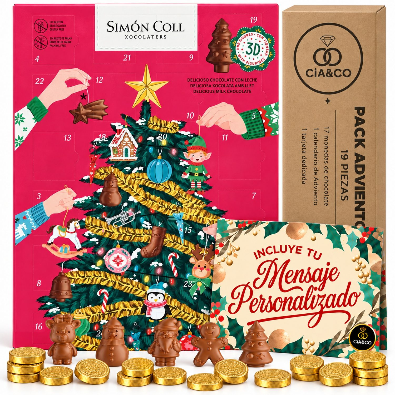 Calendario de Adviento Simón Coll Árbol 2026 · Regalo Familiar: 24 Figuras 3D de Chocolate con Leche + 17 Monedas de Chocolate + Tarjeta Personalizada