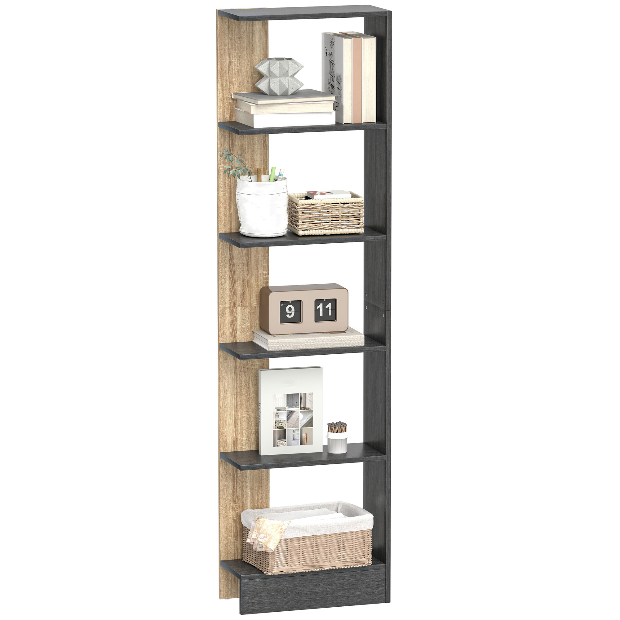 HOMCOM Estantería de 5 Niveles, Estantería Almacenaje, Librería Estrecha para Espacios Pequeños, Sala de Estar y Cocina, 45x21x170 cm, Negro y Roble