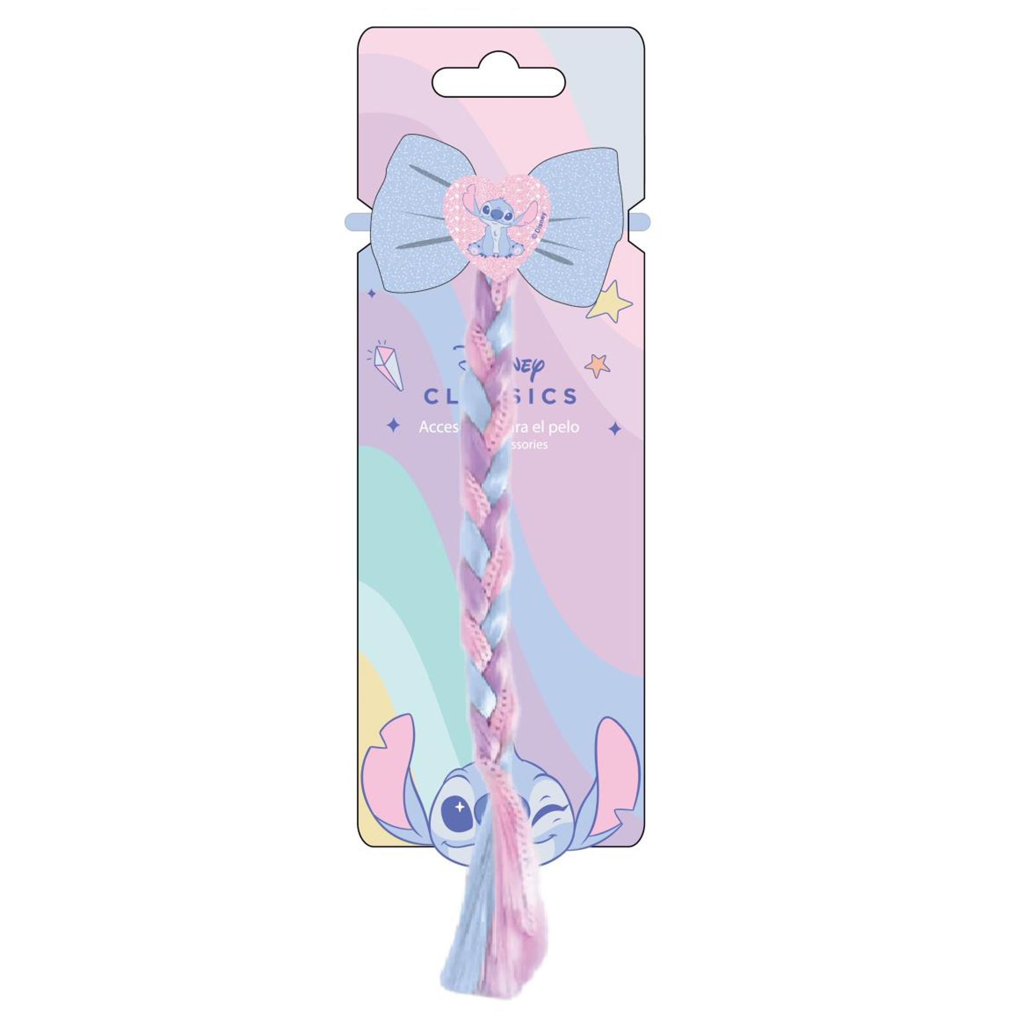 Coletero Infantil con Trenza Larga de Disney Classics para niñas, Coletero Decorativo Pastel, Brillante con Moño Azul y Figura de Stitch, Ideal para Peinados y Disfraces