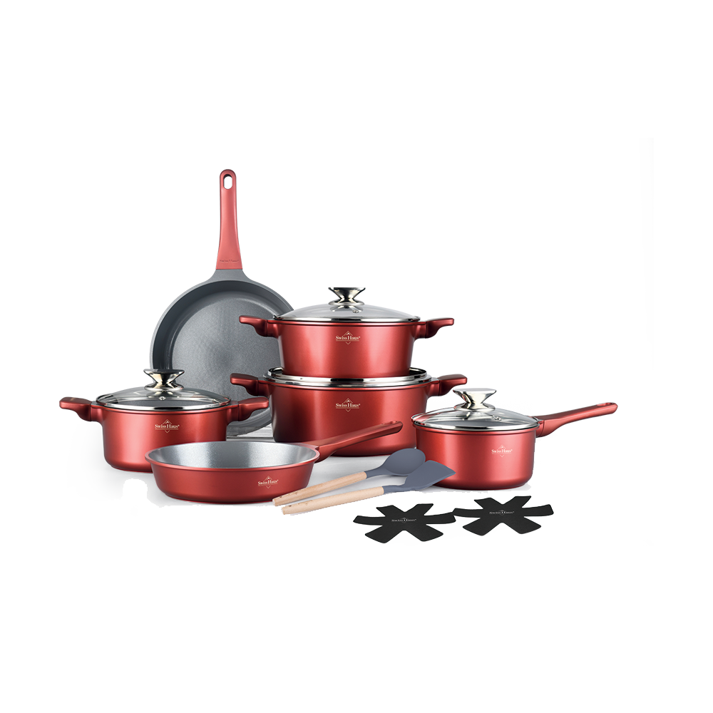 Juego de utensilios de cocina de inducción Swiss Haus® BP3014CO - Juego de 14 piezas - Libre de PFAS - Incluye sartenes, ollas y cacerola - Apto para todo tipo de fuentes de calor - Sartén con revestimiento antiadherente Sapphire™ - CoBRE-NEGRO-GRIS-ROJO