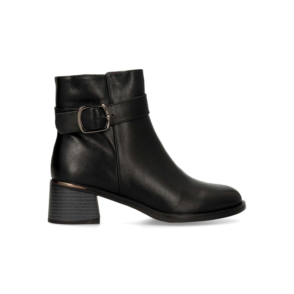 Vanessa Calzados - Botines de mujer con tacón ancho y cremallera, piel sintética negra, caña 13 cm con hebilla moderna