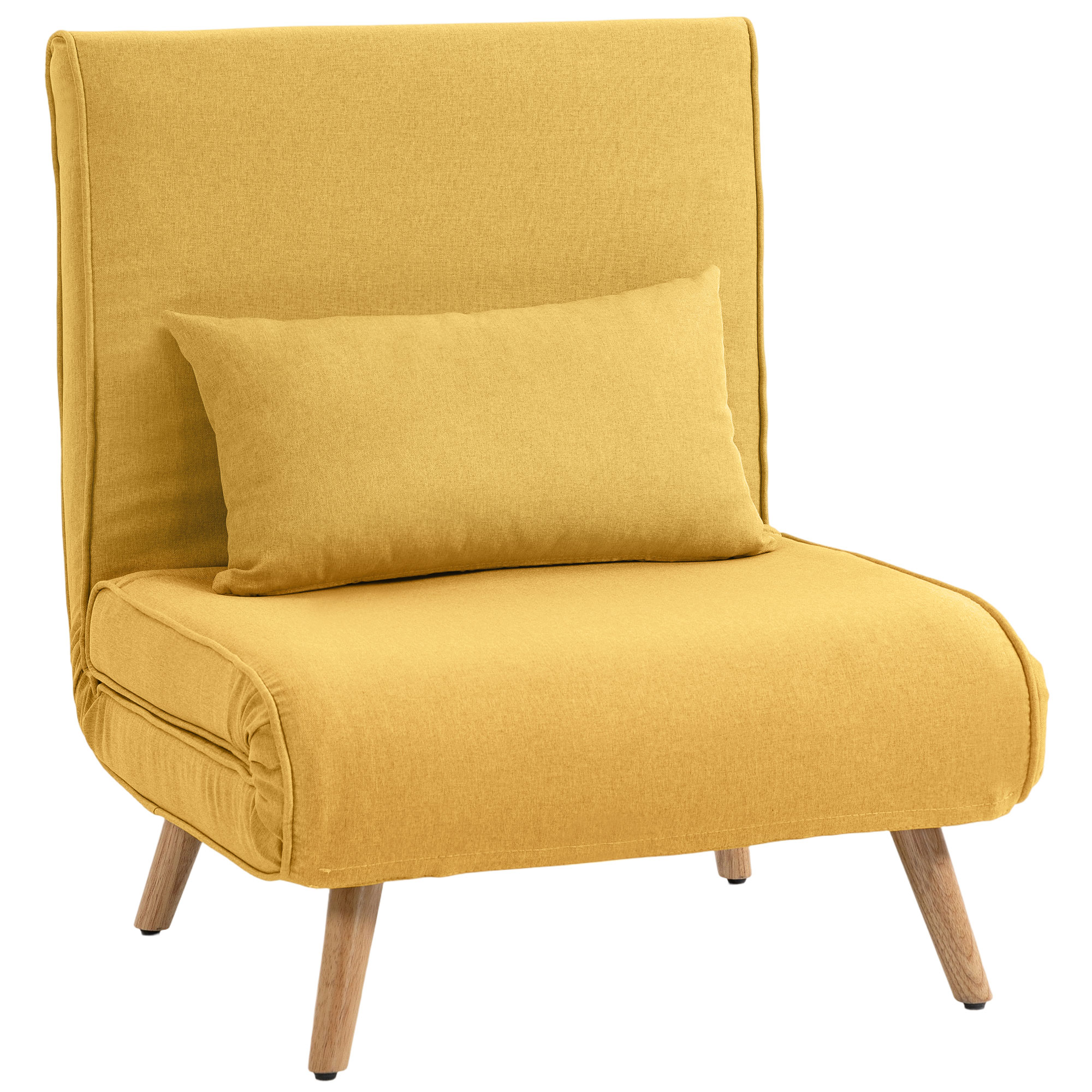 HOMCOM Sofá Cama Individual 3 en 1, Sillón Cama Plegable con Respaldo Ajustable en 5 Posiciones, Asiento Amplio, Almohada Acolchada, Patas de Madera, 72x75x85 cm, Amarillo