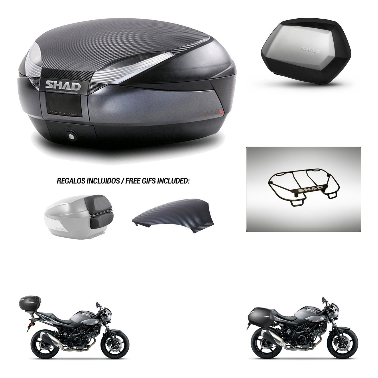 Maletas Laterales + Baul Trasero + Parrilla Portabultos + Herraje 3P + Herraje Montaje Sh48 Sc Sh35 Premium KIT-257920