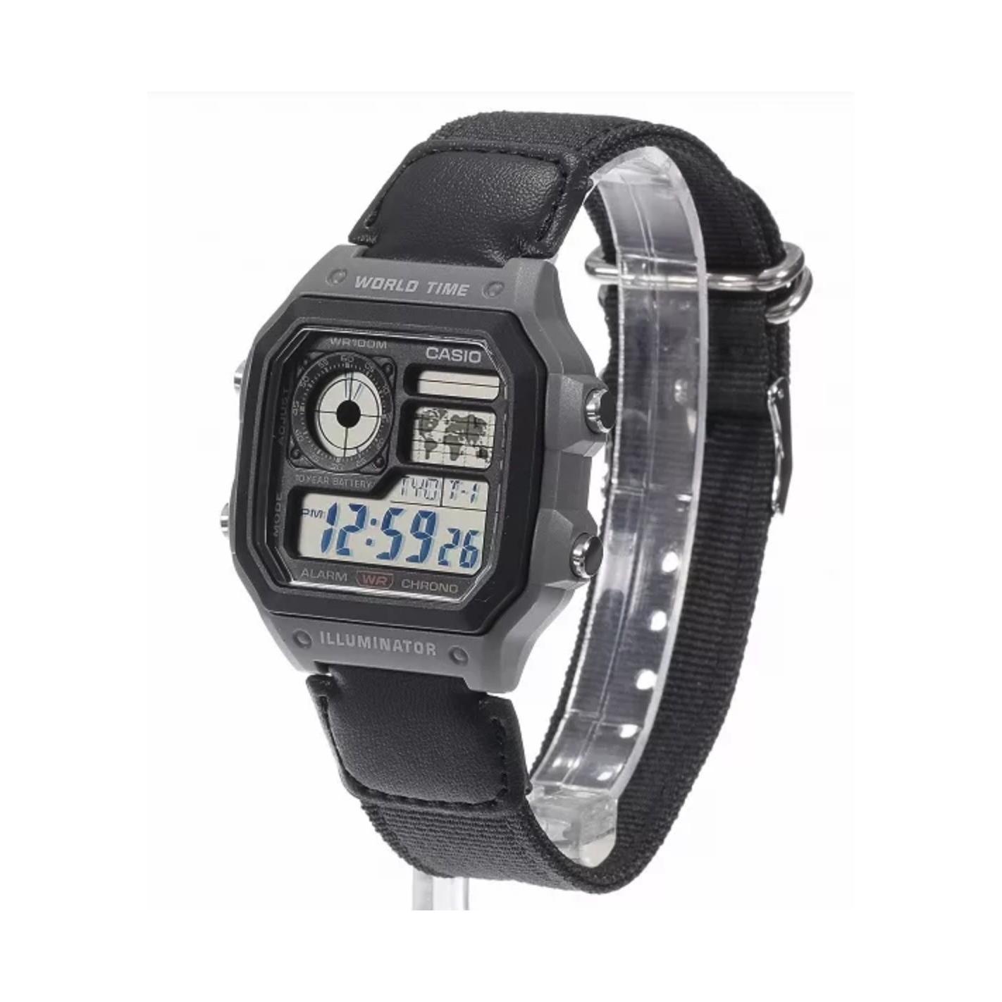 ​reloj deportivo hombre Casio Sports Casino Royale AE-1200WHUB-8A  100m WR Hora Mundial 45 × 42.1 × 12.5 mm 10 años batería correa de cuero y tela