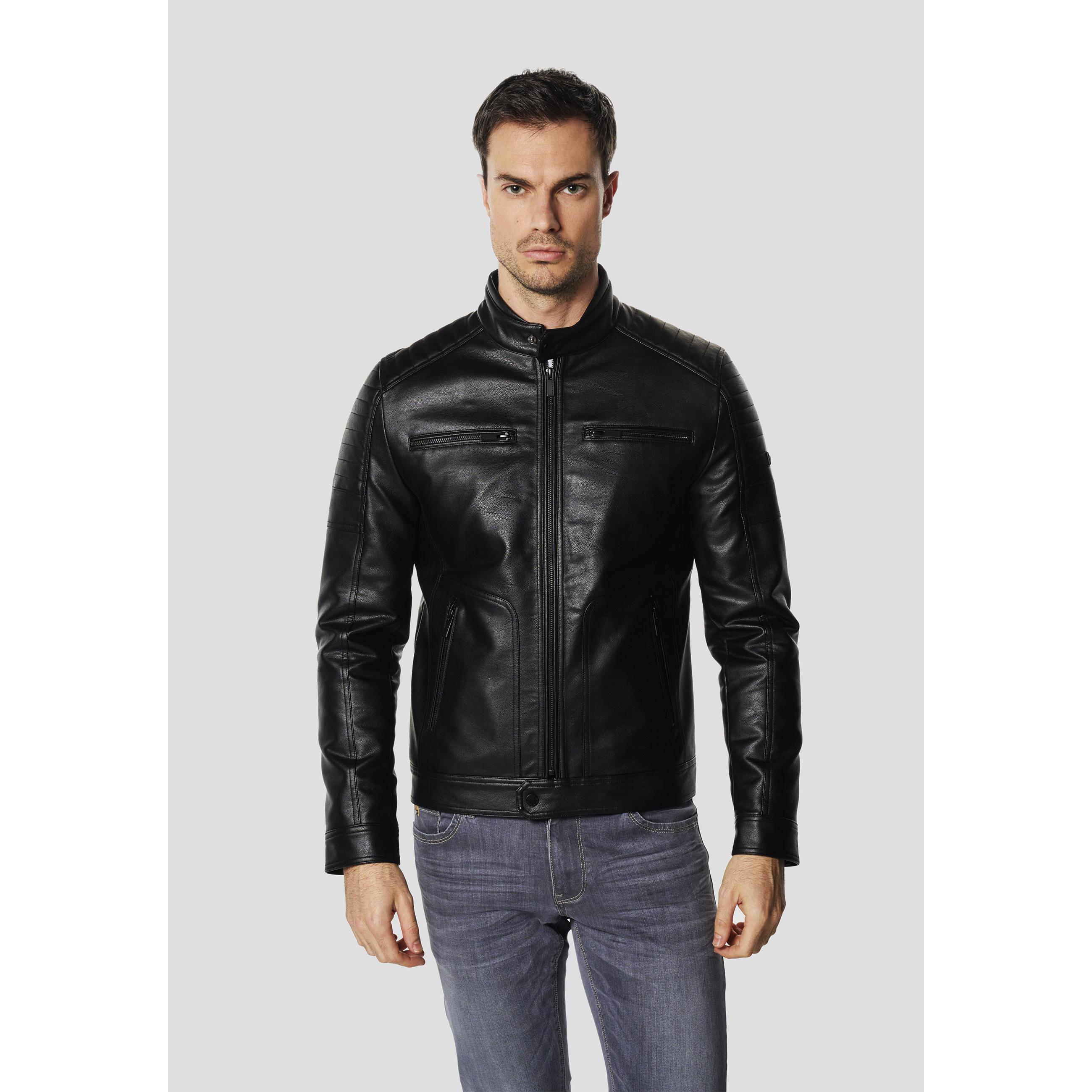 Koroshi - Chaqueta biker efecto piel para hombre, con cuello mao y cremallera metálica, acabado mate y tacto suave, negro