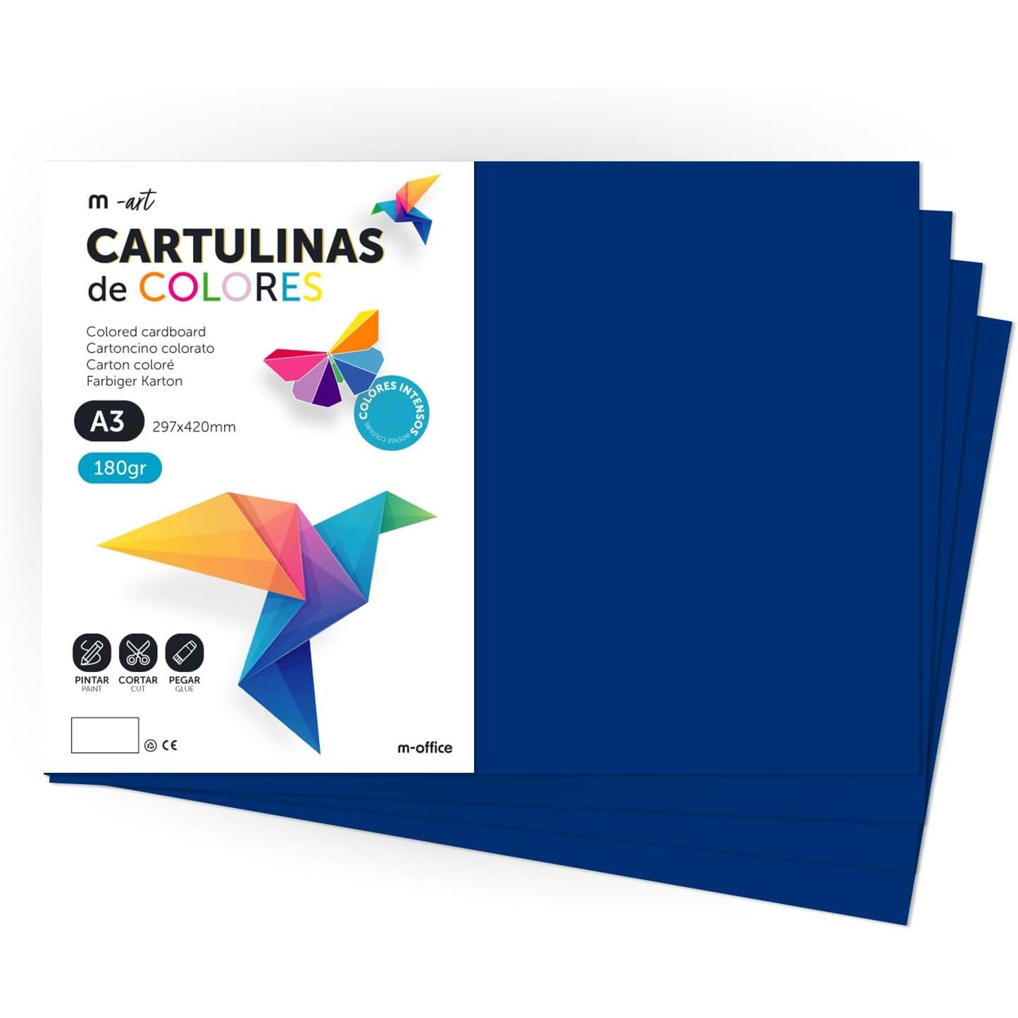 Cartulina de Colores, Cartulina A3 Colores Intensos, Hojas de Colores 180gr para Manualidades, Imprimir tus Documentos y Diseños Creativos, Folios de Colores A3 · m-office