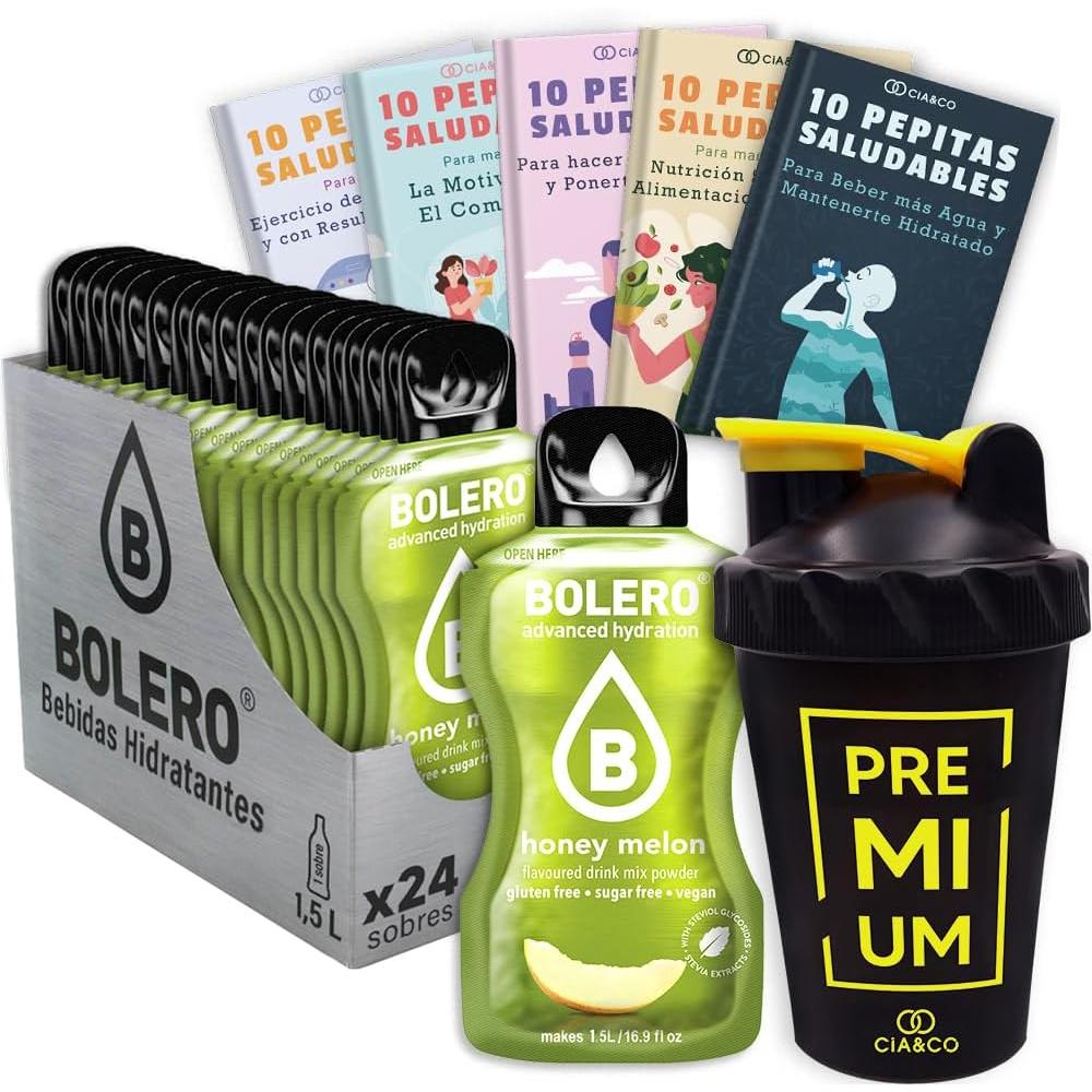 Pack Bolero Sabor Melón con Miel (24 sobres) con Botella Shaker: El kit completo para disfrutar de tu bebida veraniega sin azúcar donde y como quieras.