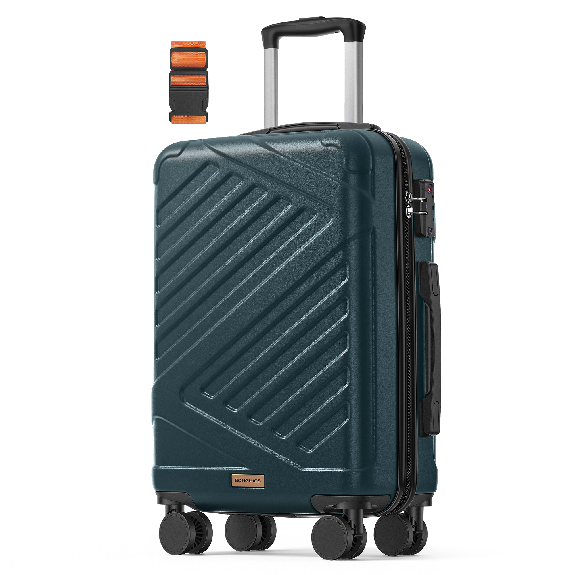 SONGMICS Maleta Cabina, Maleta Rígida de Viaje, Equipaje de Mano, Candado TSA, Correa Incluida, ABS, 4 Ruedas Dobles, Tamaño Cabina, M, 55 x 36 x 20 cm, Negro Tinta/Turquesa Pizarra/Azul Bijou