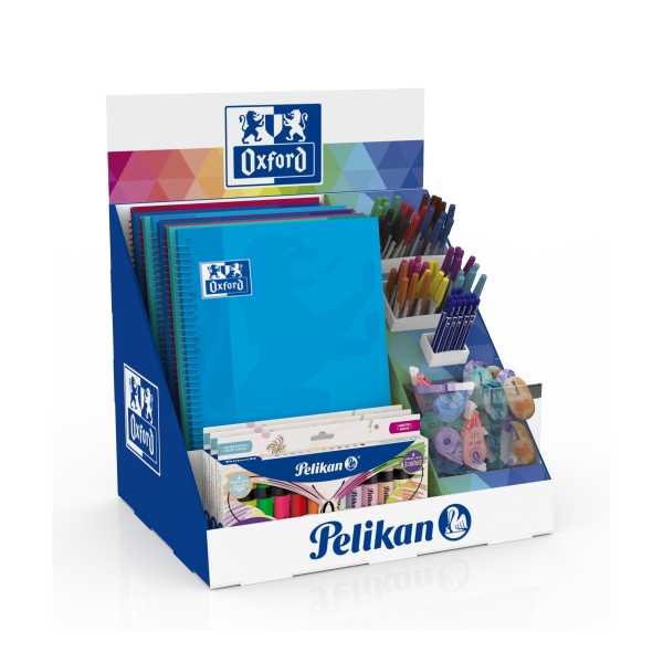 Oxford expositor con 5 cuadernos - 20 correctores en cinta - 20 gomas de borrar - 50 boligrafos de colores - 12 lapiceros de grafito - 4 packs de marcadores fluorescentes - colores surtidos