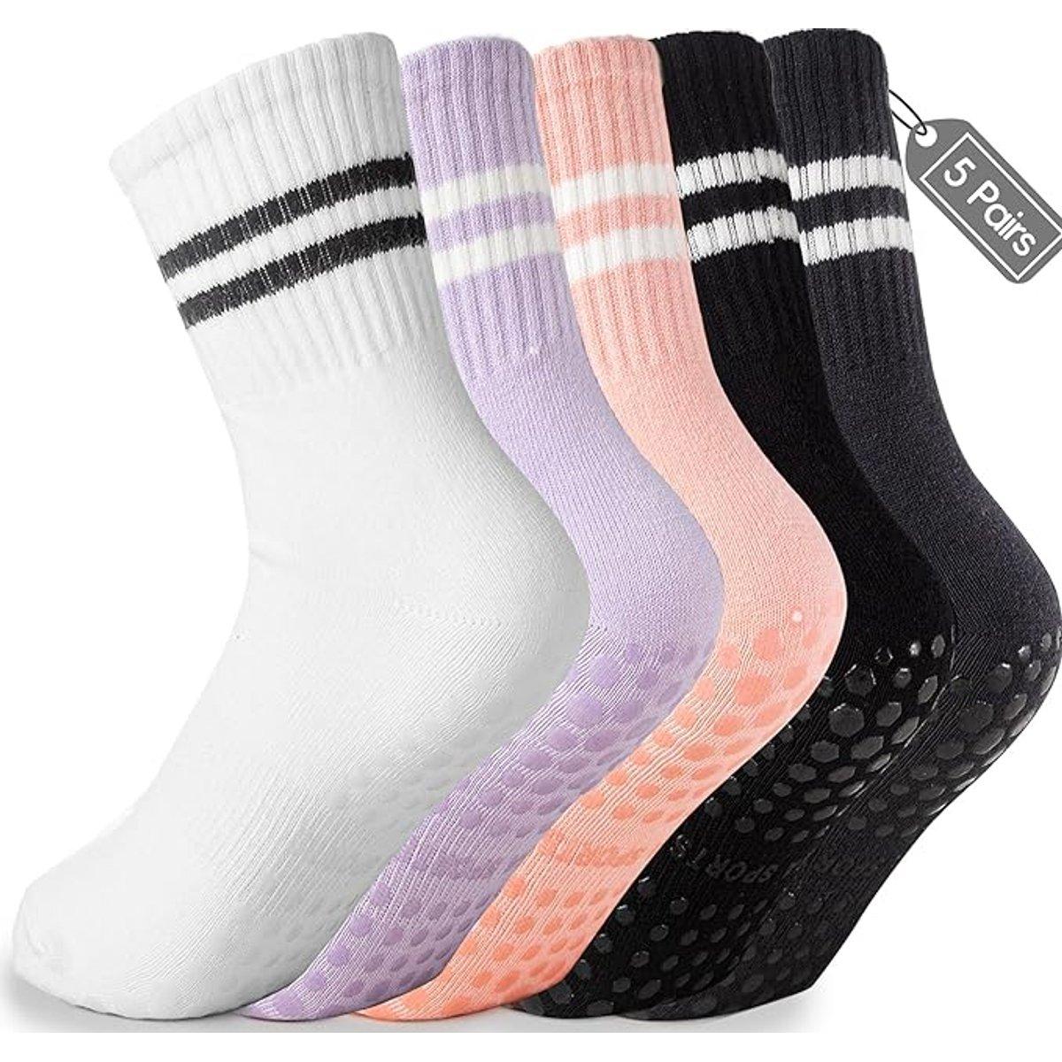 5 pares - Calcetines - Calcetines altos antideslizantes para Pilates para mujer - Calcetines de yoga y Pilates con agarre - Calcetines de algodón antideslizantes - Calcetines de yoga - Calcetines tobilleros antideslizantes - para ballet, danza y entrenami