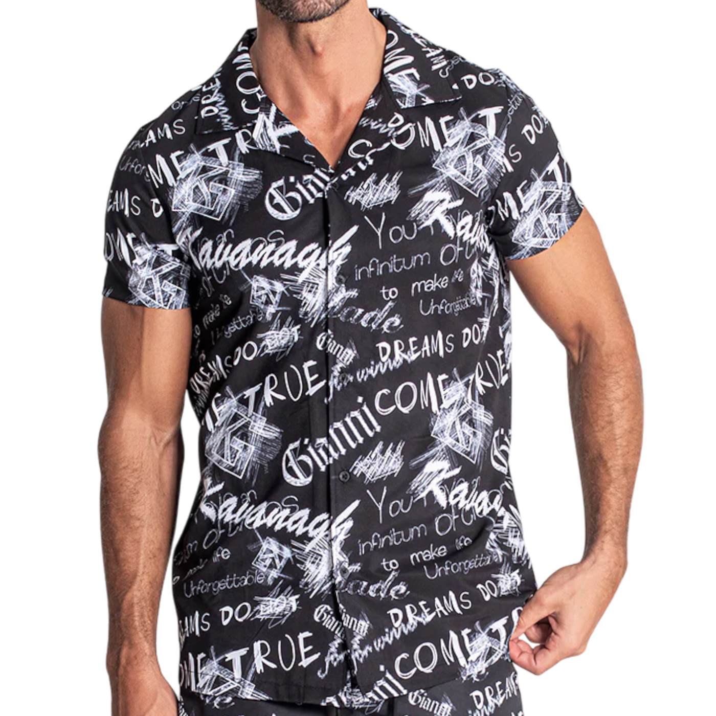 Camisa Gianni Kavanagh Hawaiana Sketch Negro Hombre Moderno, Ropa casual 100% Poliéster