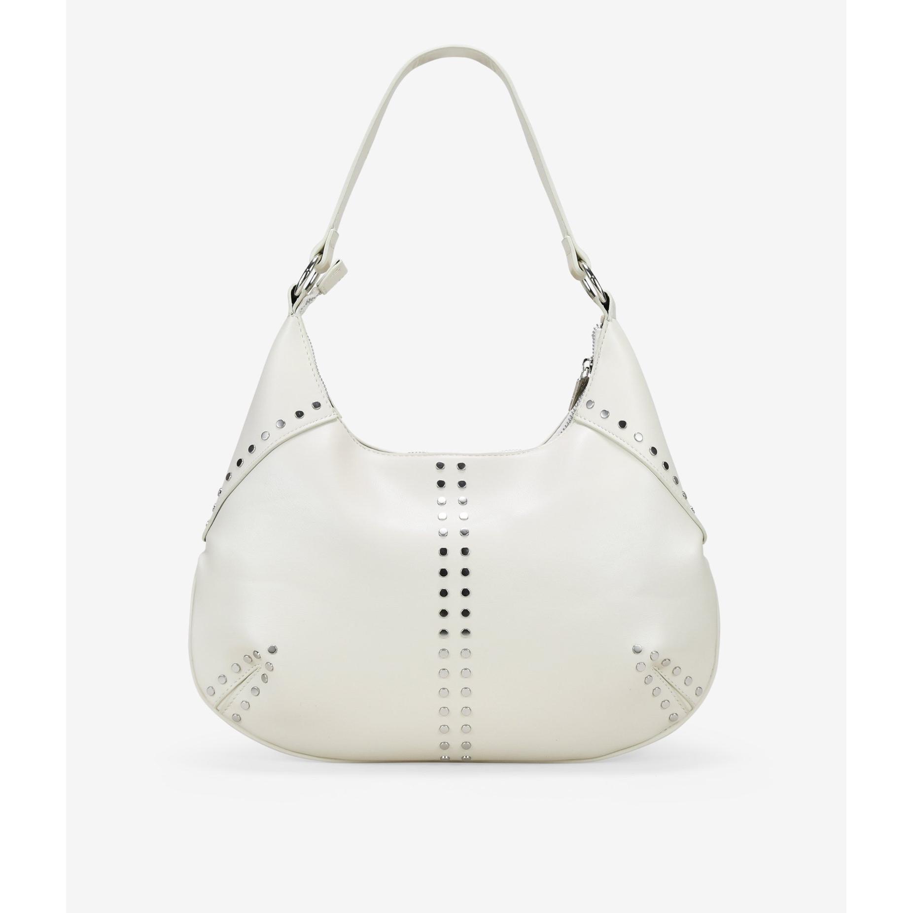 Bosanova Bolso de hombro para mujer con forma de media luna con detalle de tachuelas metálicas y asa corta de hombro. Cierre con cremallera.