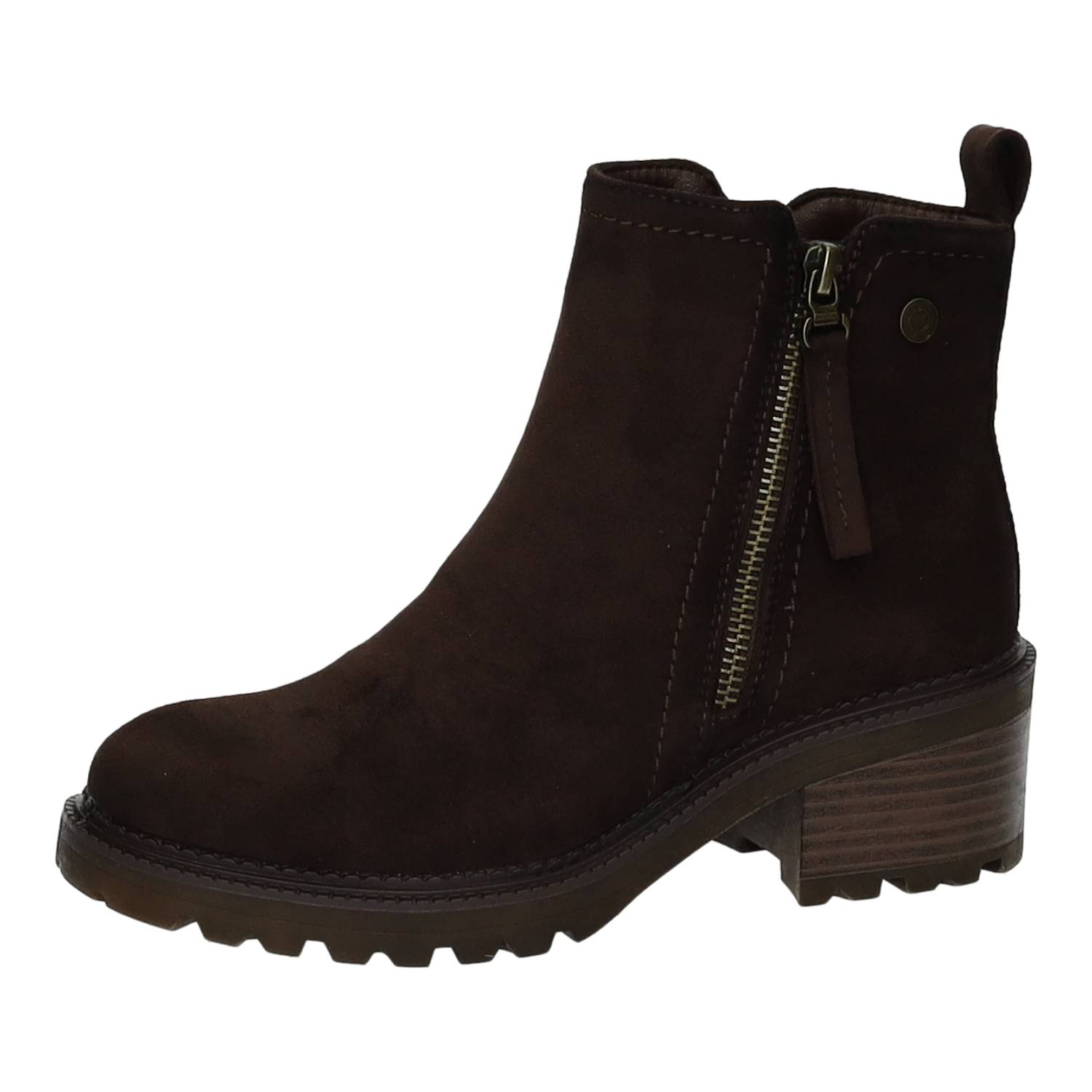 Botines marca REFRESH para mujer en color marrón. Calzado Antelina, Doble Cremallera, Tacón Ancho Medio, Suela Dentada, Plantilla Extraíble, Estilo Casual