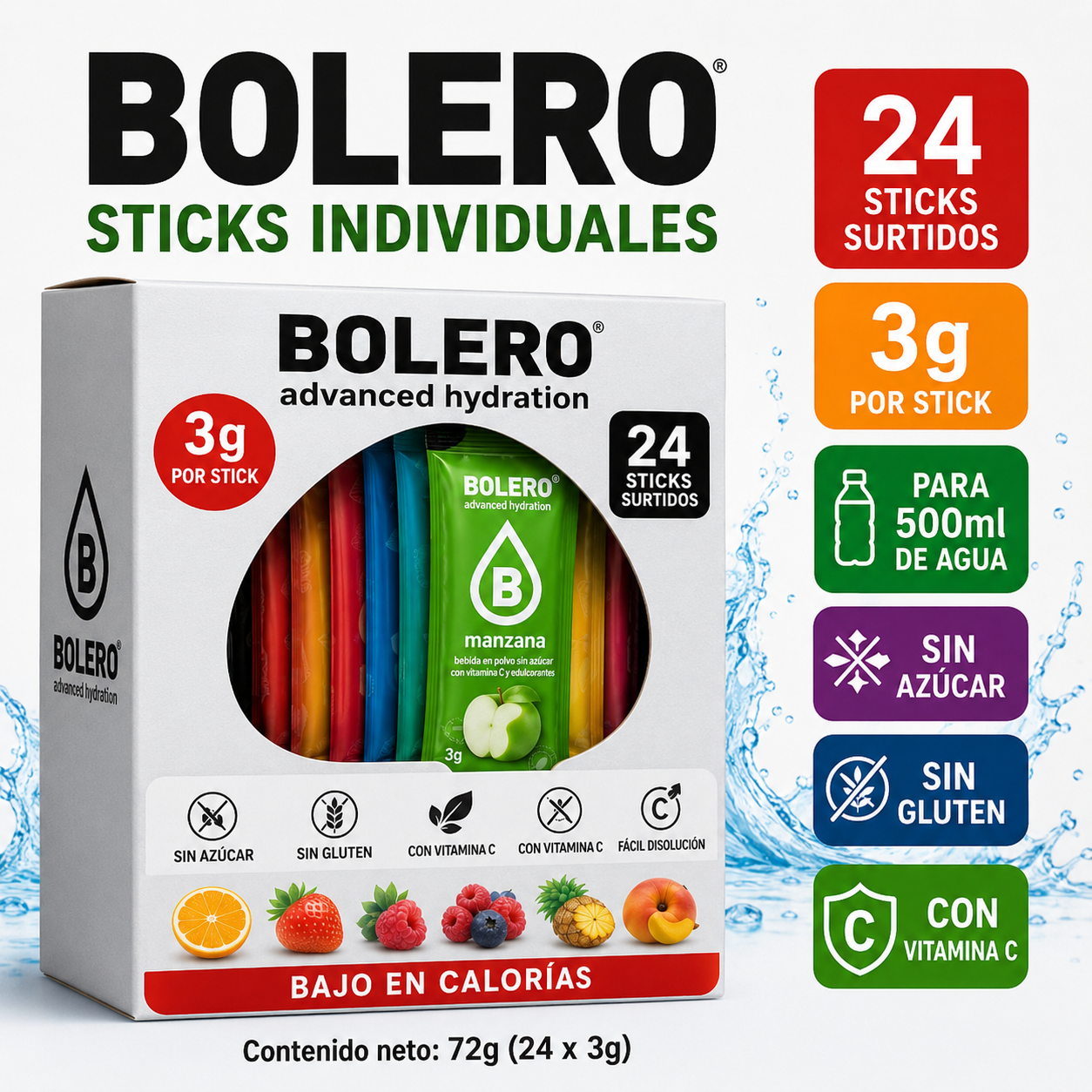 Bolero Hydration Sticks 24 x 3g para Botellas de 500ml | Pack Surtido Sin Azúcar con Vitamina C