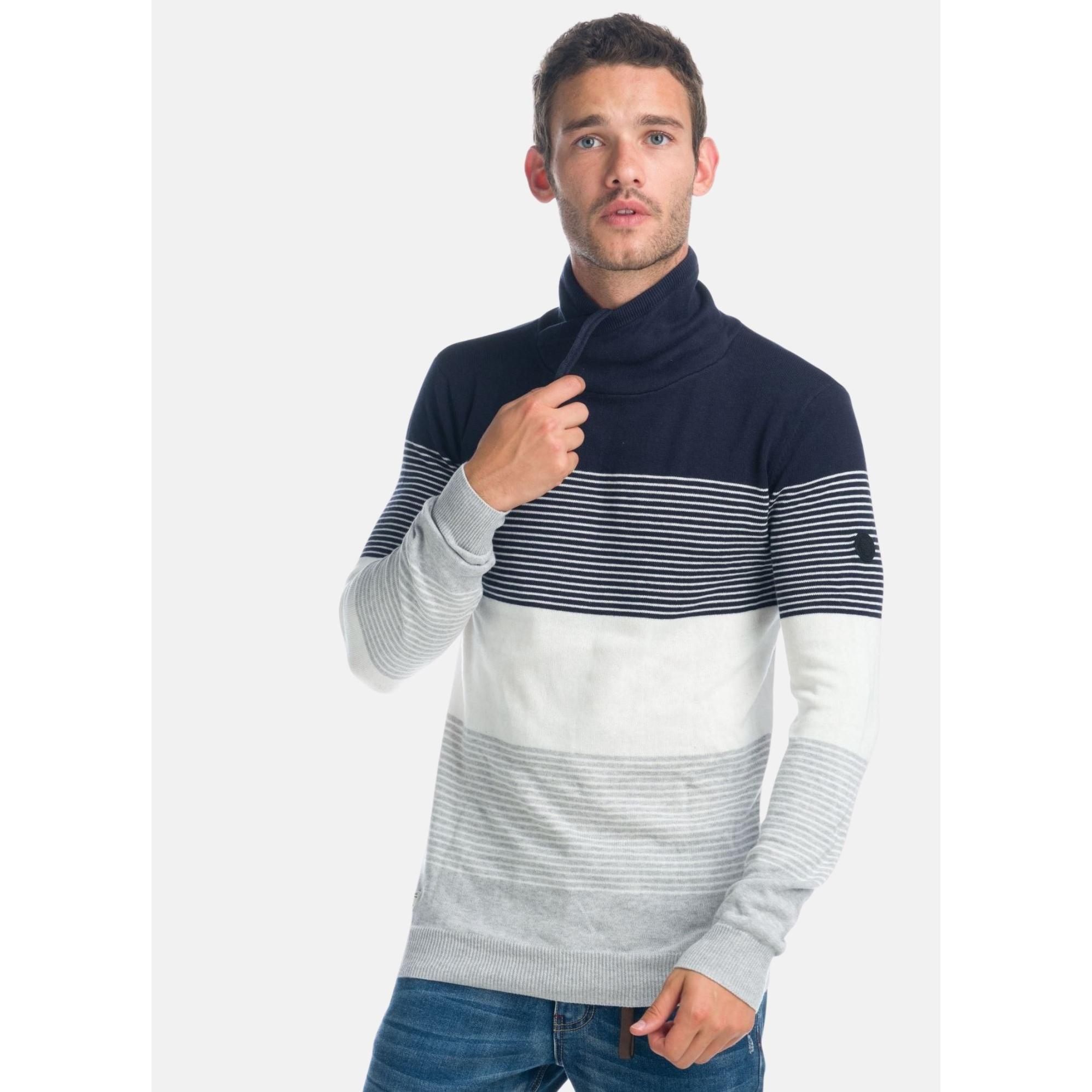Koroshi - Jersey de punto rayas a contraste para hombre, cuello alto cruzado con botón, 100 % algodón cómodo y transpirable