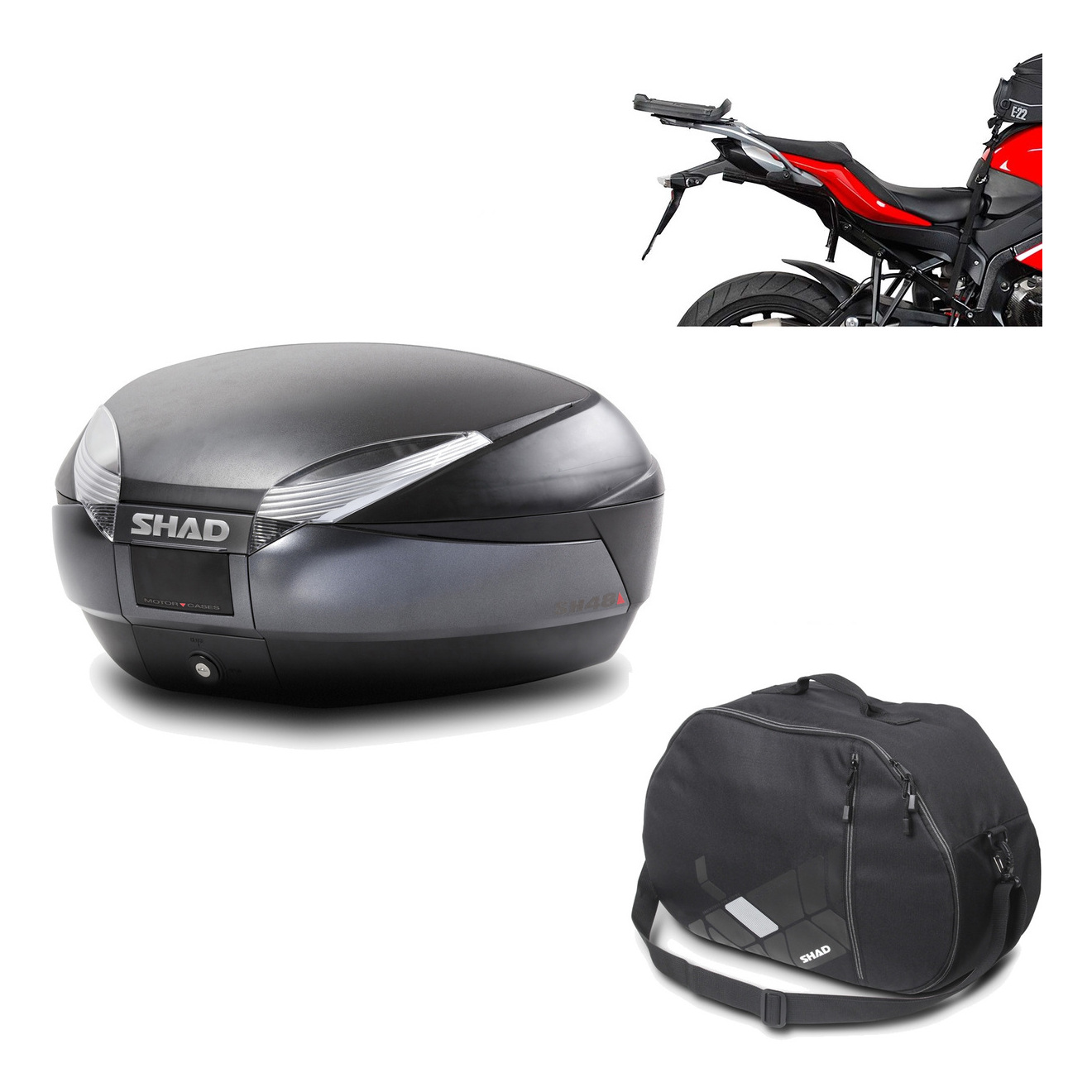 Baul Trasero + Herraje Montaje + Bolsa Interna Sh48 Dark Grey Premium KIT-190084