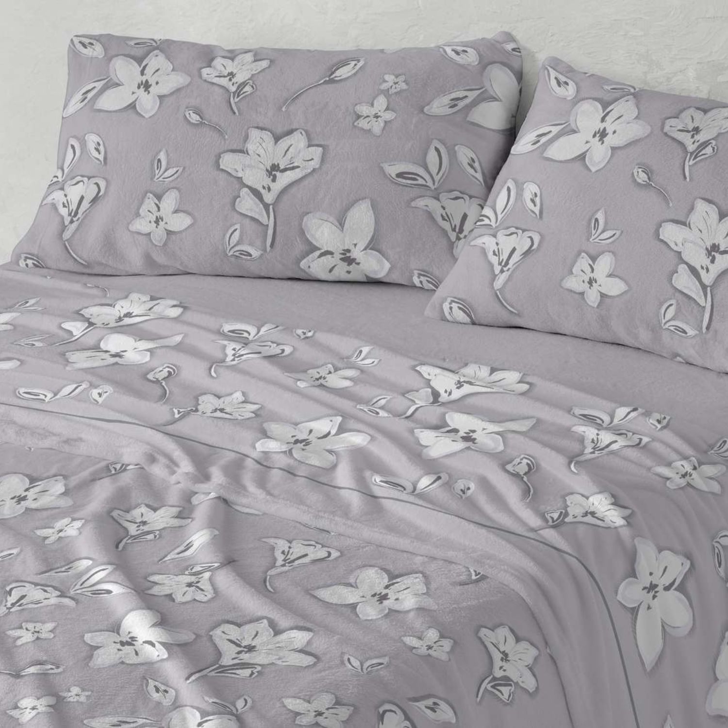 Juego Sábanas BURRITO BLANCO Tejido Coralina Diseño Flores Sombreadas Azul - Tacto Suave, Cálido y Ligero - Cama 90-200cm