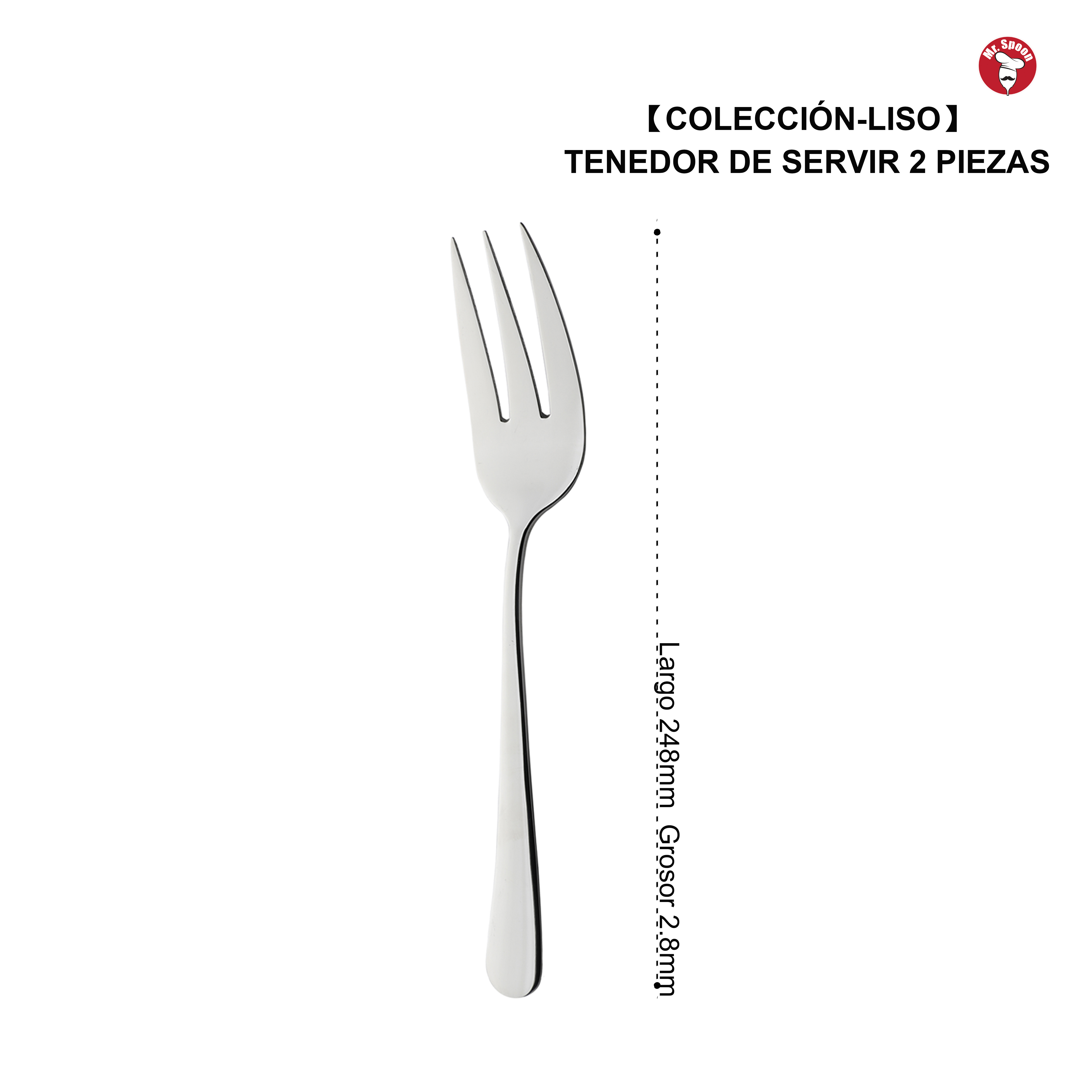 Mr.Spoon Serie Liso Cuchara y Tenedor de servir 2, 6 o 12 piezas,Acero inoxidable 18/0,Plateado,Económico y funcional,Cuchara y Tenedor de servir largo 248mm,Mango monobloque,Apto para lavavajillas,Empaque ecológico. Ideal para casa,hotel,restaurante
