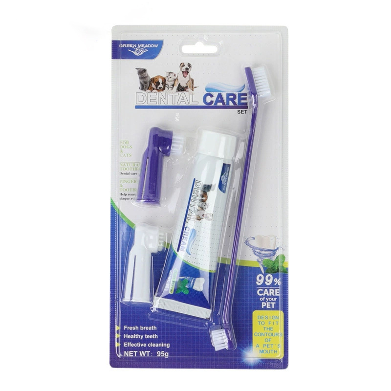 Set cepillo y pasta dental para mascotas en caja, cepillo tres cabezas para perros y gatos, sabores vainilla y ternera