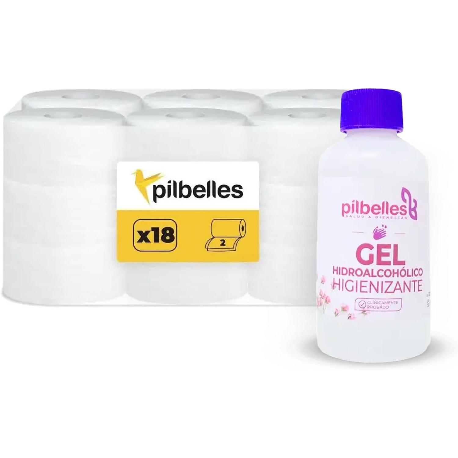 PILBELLES Pack 10 Rollos Papel Higiénico Industrial Doble Capa +10 Geles Hidroalcohólicos 120 ml