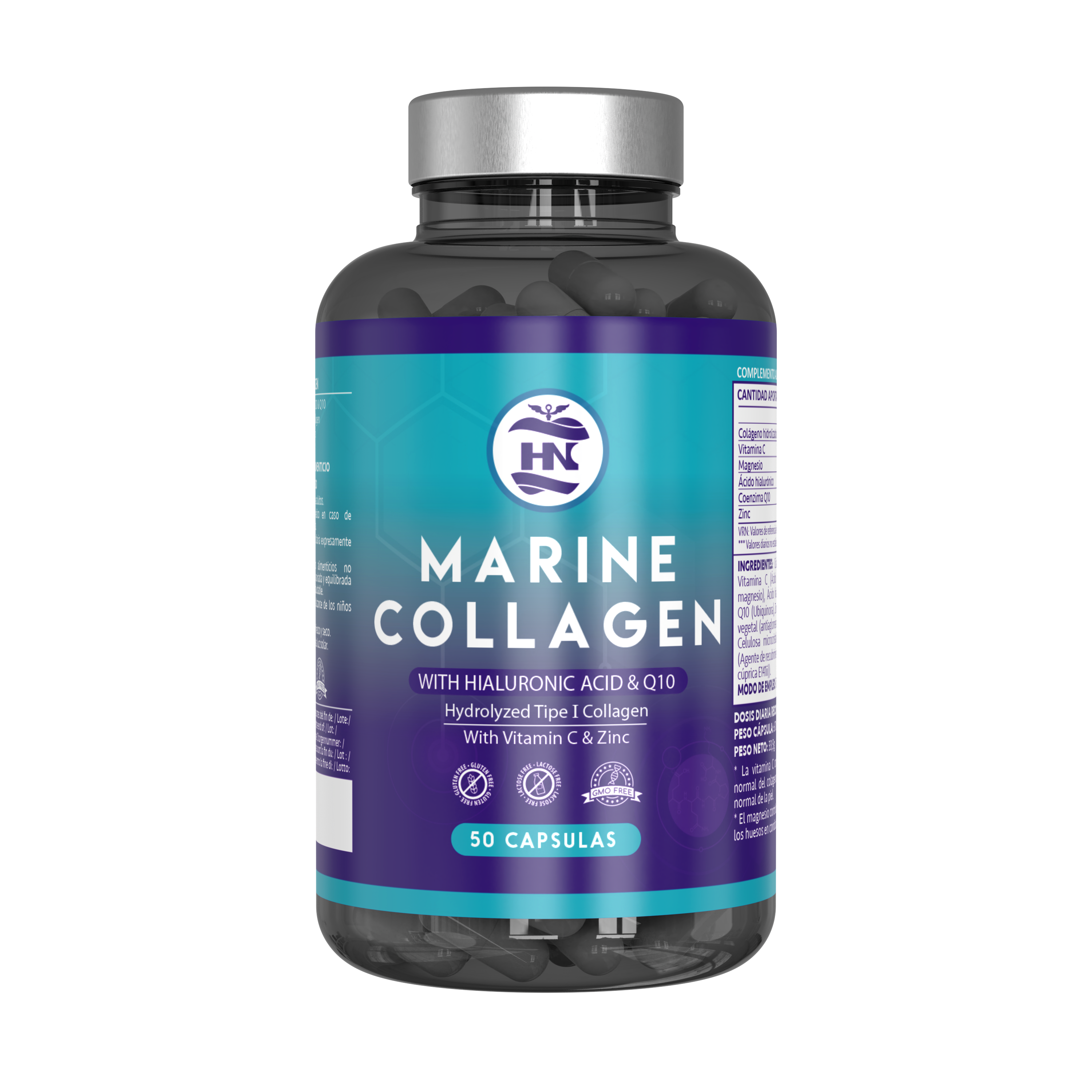 HN Healthy Nutrition Colágeno Marino Hidrolizado con Ácido Hialurónico, Vitamina C, Coenzima Q10, Zinc y Magnesio - 50 Cápsulas - Complemento Alimenticio