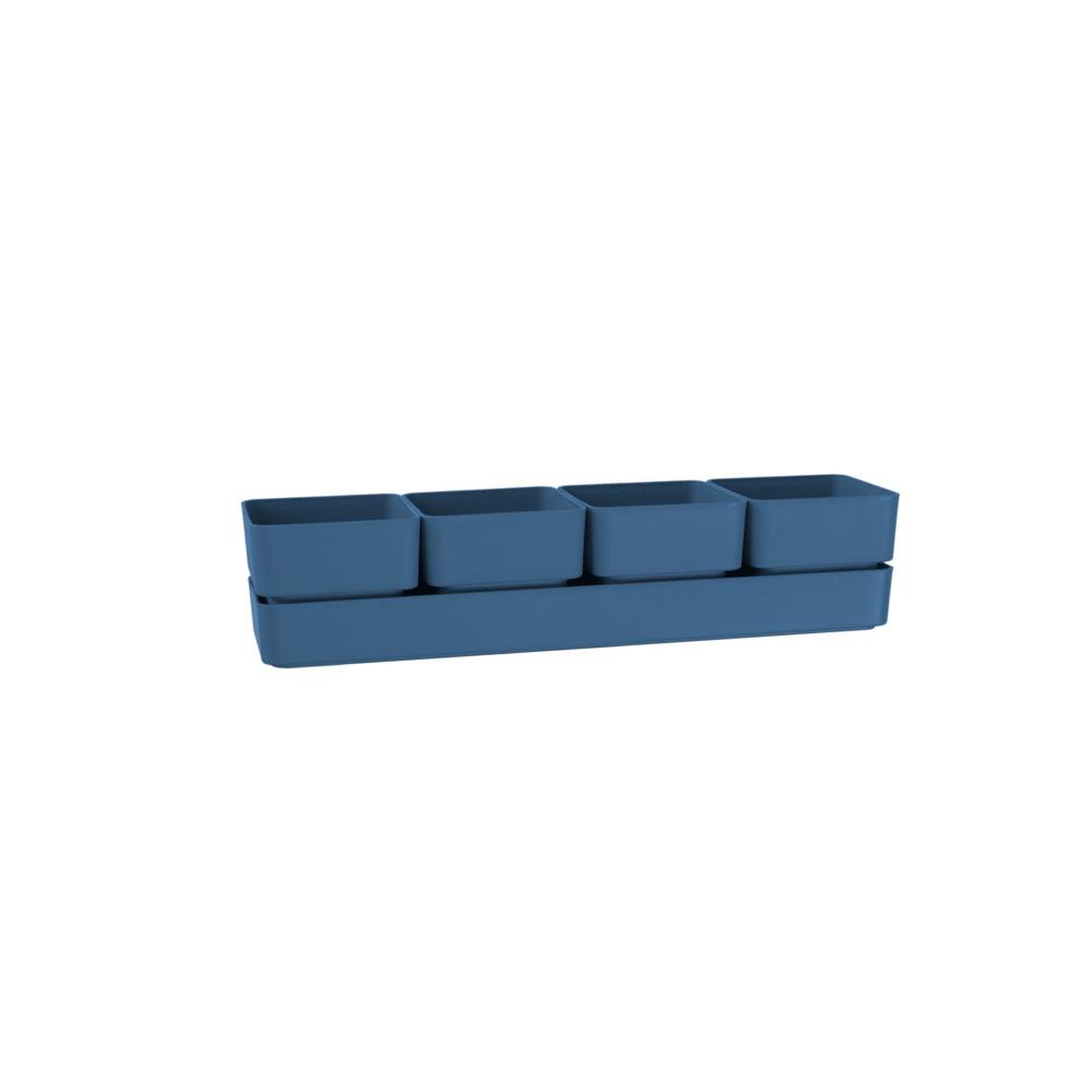 Jarrón TERA de elegante diseño Sierra, compuesto por 4 jarrones cuadrados y un platillo, dimensiones 48x12x11 cm h, maceta resistente a los rayos UV para plántulas y suculentas.