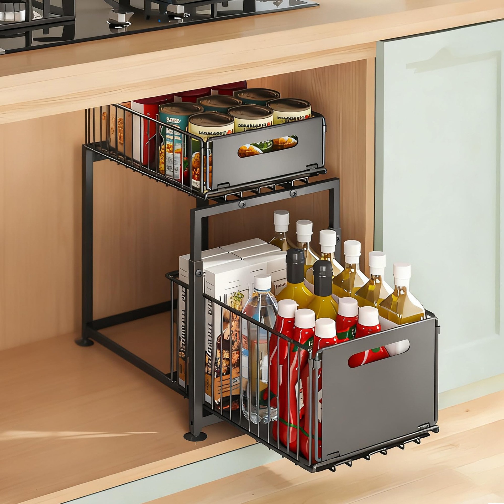 Estante extraíble de doble capa para cocina - Organizador debajo del fregadero con diseño en H, perfecto para especias, botellas y utensilios de cocina.