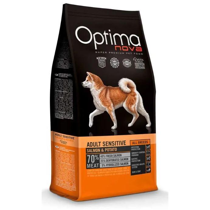 Optima Nova – Pienso para perros adultos Optima Nova Grain Free Sensitive salmón y patata. 12 Kg