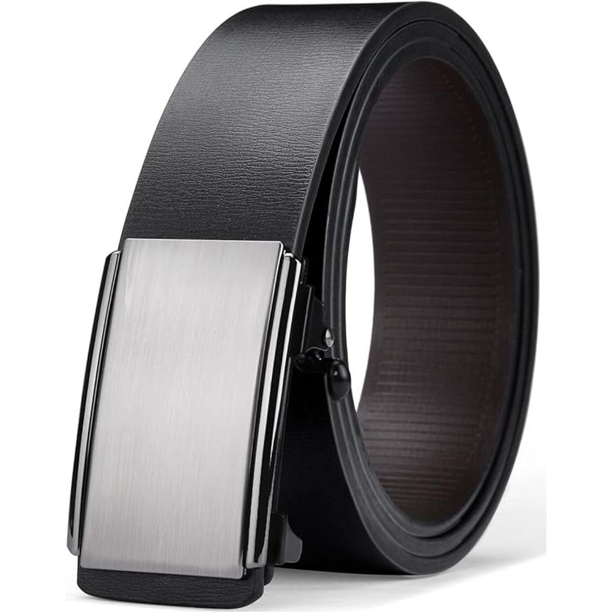 Cinturón de Hombre sin Agujeros con Sistema de Carraca Ajustable, Cinturón de Cuero Elegante con Hebilla Automática de Liberación Rápida, Ajuste Preciso Micrométrico, Ideal para Traje, Jeans, Trabajo y Uso Diario