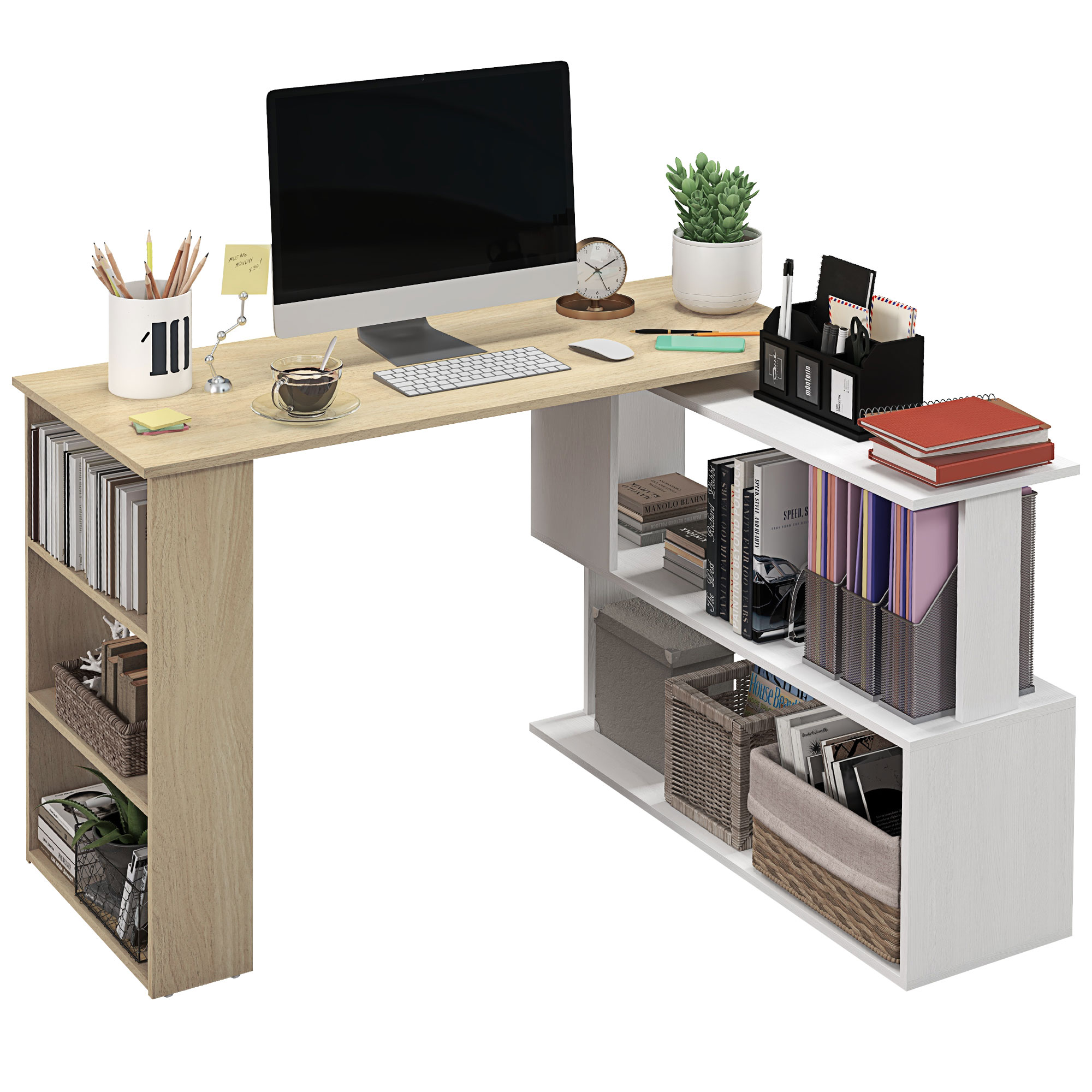 HOMCOM Escritorio Esquinero Giratorio, 120x110 cm, Escritorio en L, Mesa de Escritorio con Estantes, para Oficina en Casa, Estudio, Hogar, Natural y Blanco