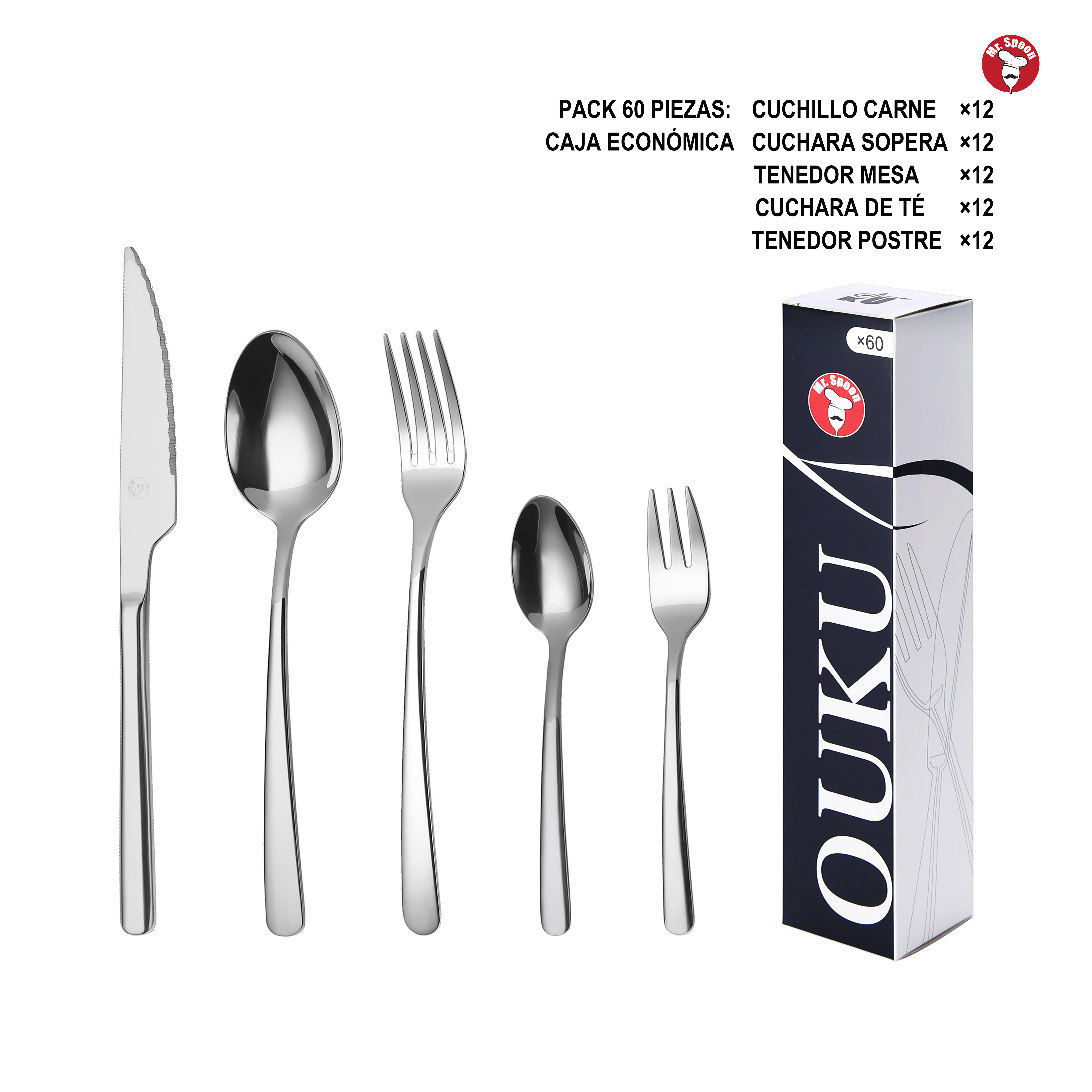 Mr.Spoon Serie Esencia Juego de 60 o 72 piezas cubiertos,Acero Inox 18/0,Económico y funcional,Incluye cuchillo de carne o mesa,tenedor,cuchara,cucharilla,etc,Mango monobloque,Apto para lavavajillas,Empaque ecológico,Ideal para casa,hotel,restaurante90302