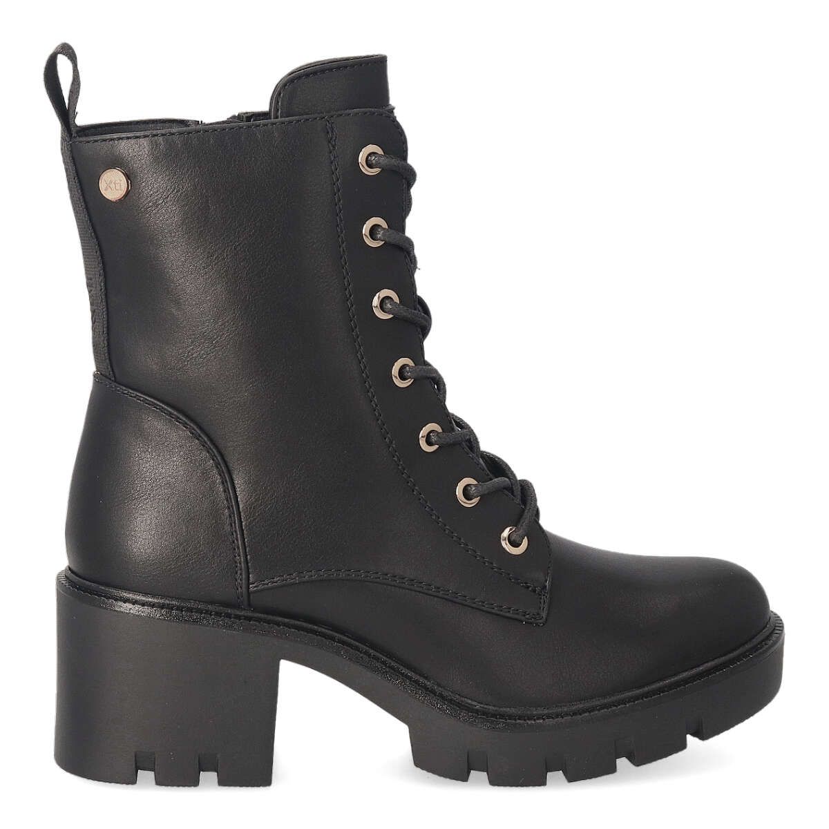 XTI - Botín casual con cordones y cremallera para mujer, de piel sintética vegana, suela de goma gruesa y dentada, tacón ancho de 6 cm, caña de 15 cm, estilo track para invierno