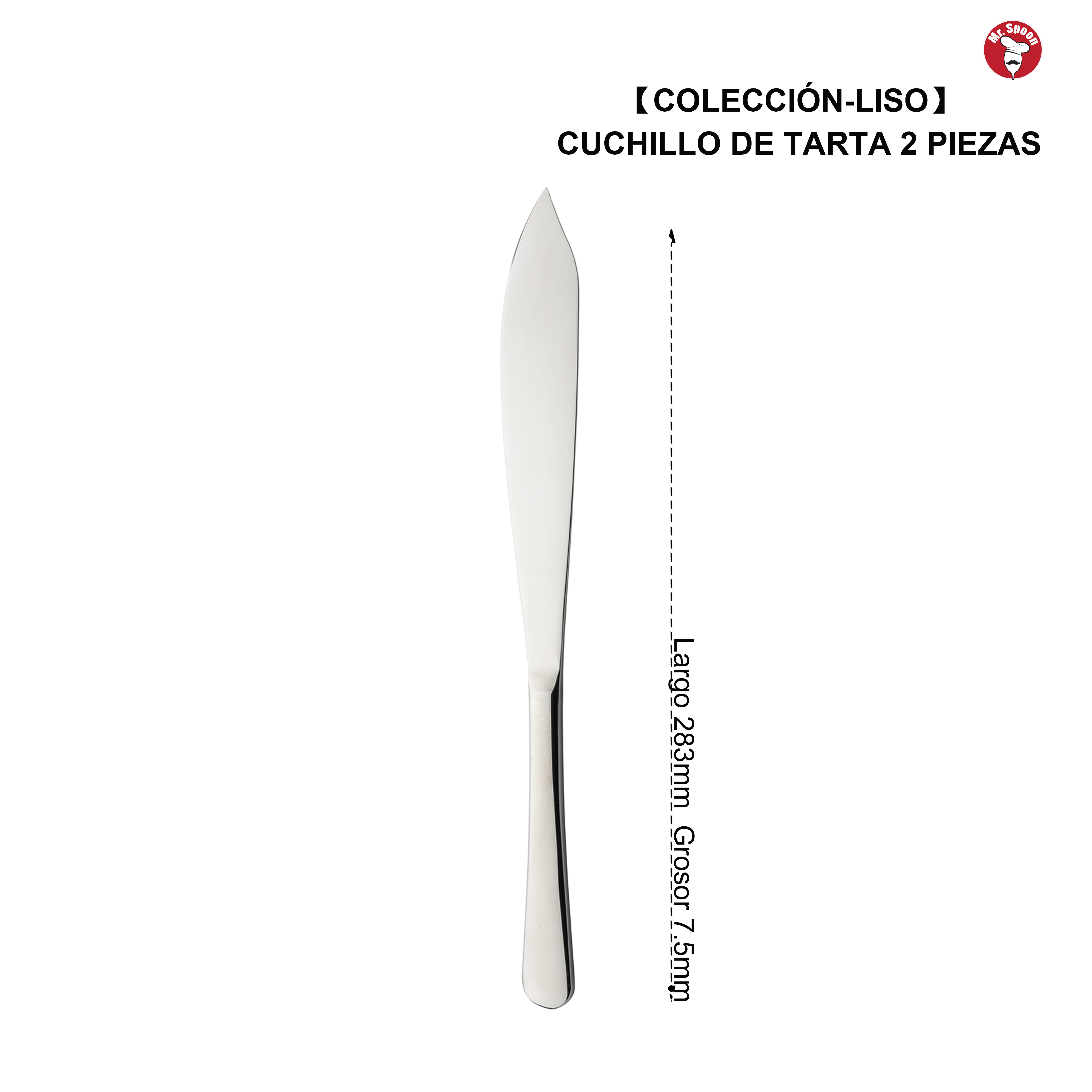 Mr.Spoon Serie Liso,Pala y Cuchillo para Tartas de 2, 6 o 12 piezas,Acero inoxidable 18/0,Plateado,Económico y funcional,Cuchillo de tarta largo283mm,Pala de tarta 258mm,Mango monobloque,Apto para lavavajillas,Empaque ecológico,Para casa,hotel,restaurante